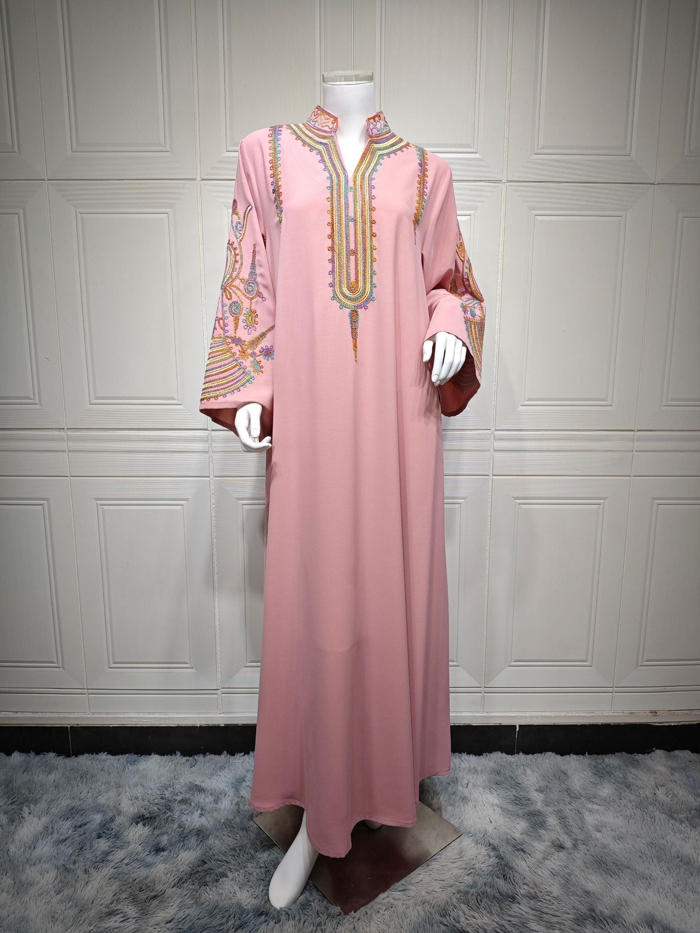 HS6661 Rope Embroidery Pullover Robe Dress, Long Sleeves, Loose Fit.