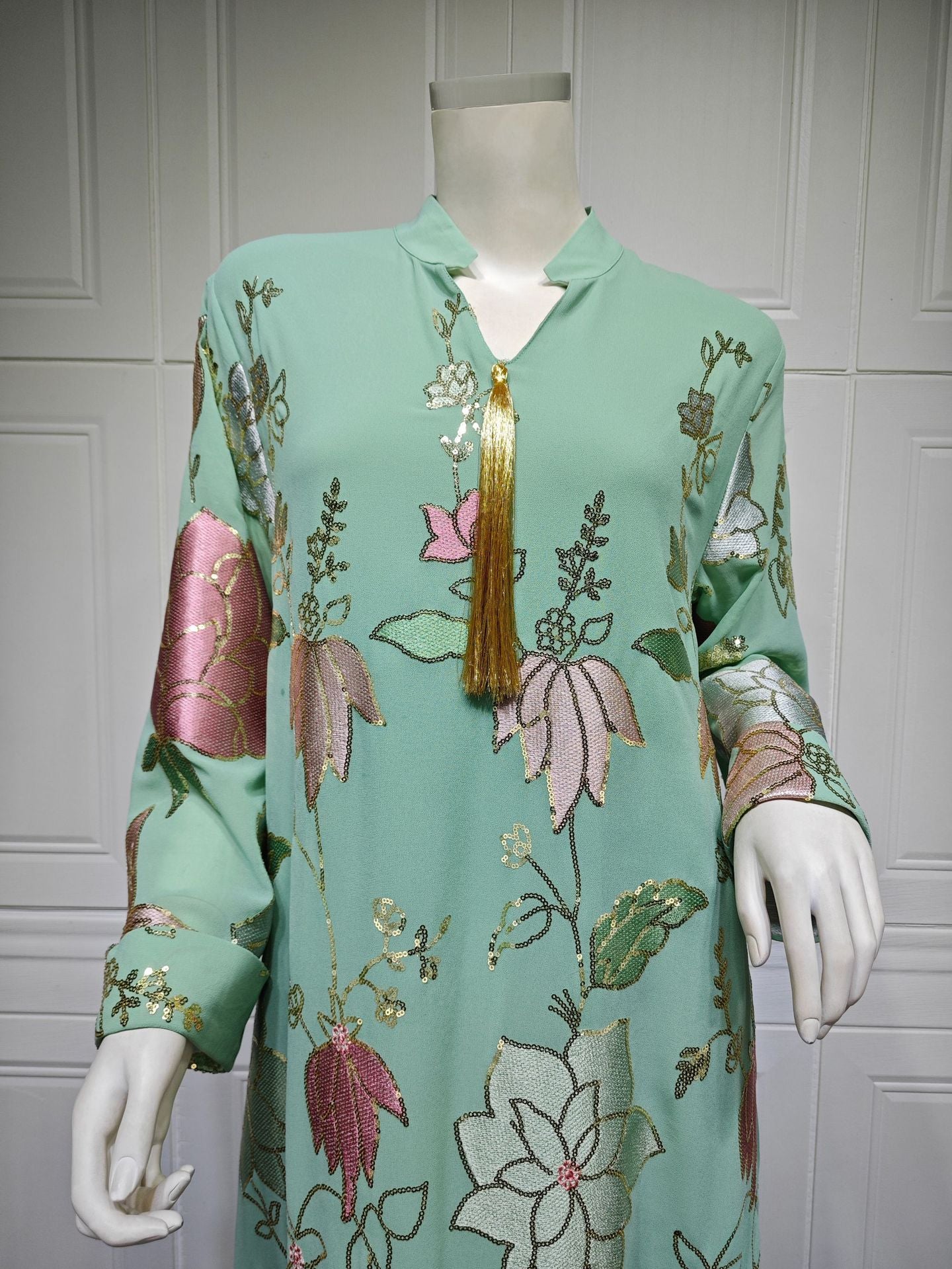 HS6649 Sequined Embroidered Tassel Long Robe, Elegant and Sophisticated Dress