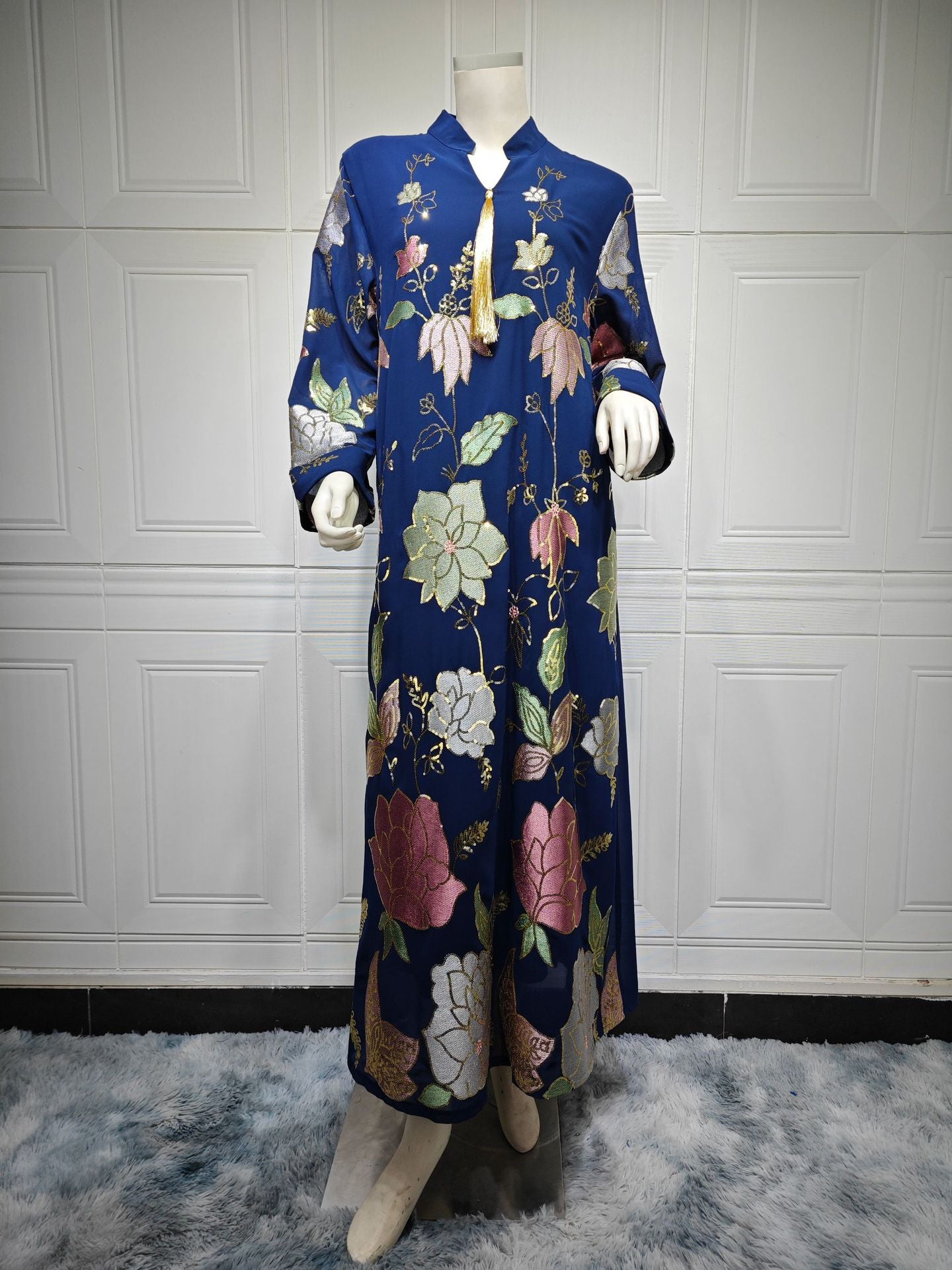 HS6649 Sequined Embroidered Tassel Long Robe, Elegant and Sophisticated Dress