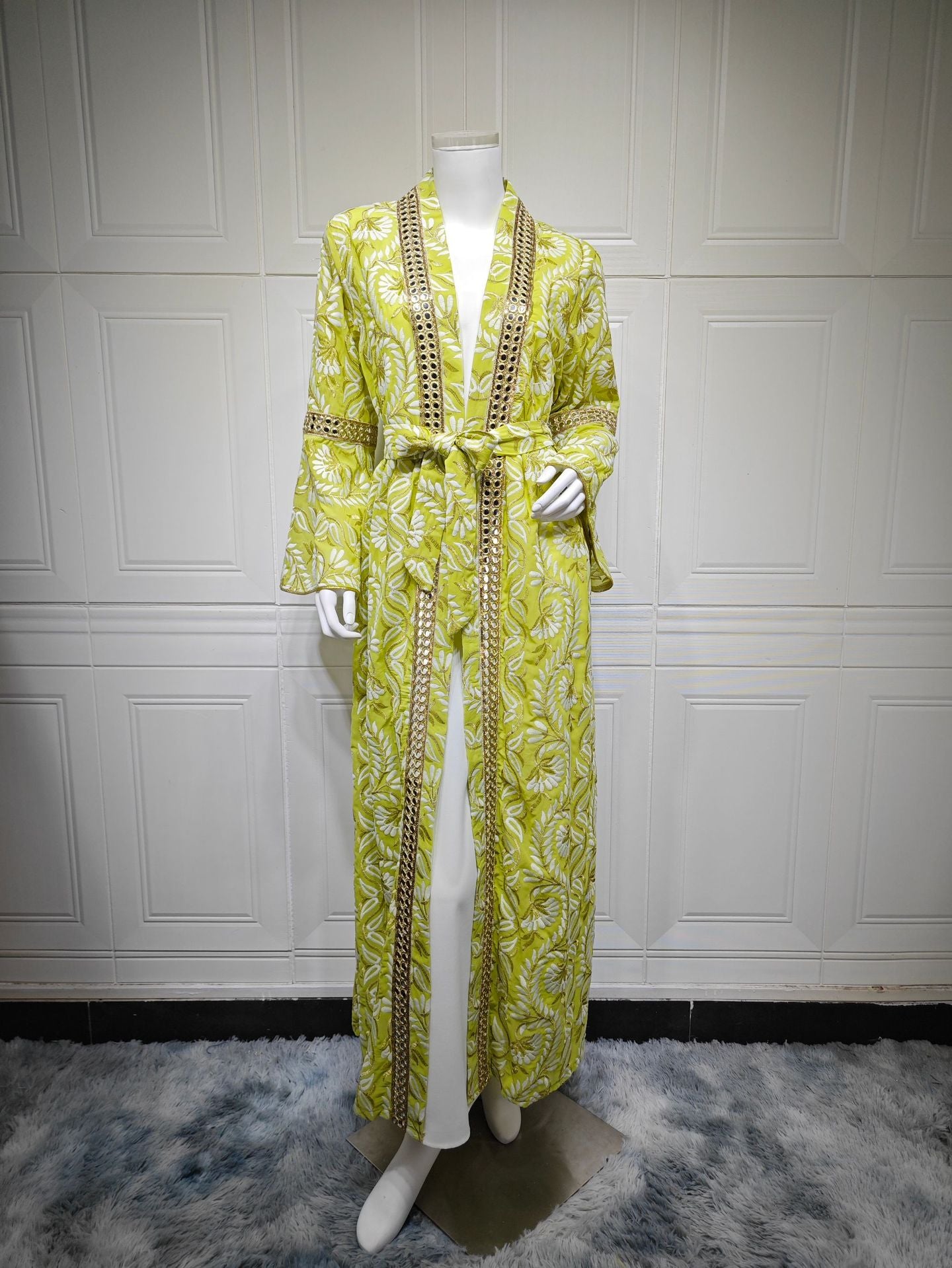 HS6664 Waist-cinching belted long dress set with lightweight printed jacket