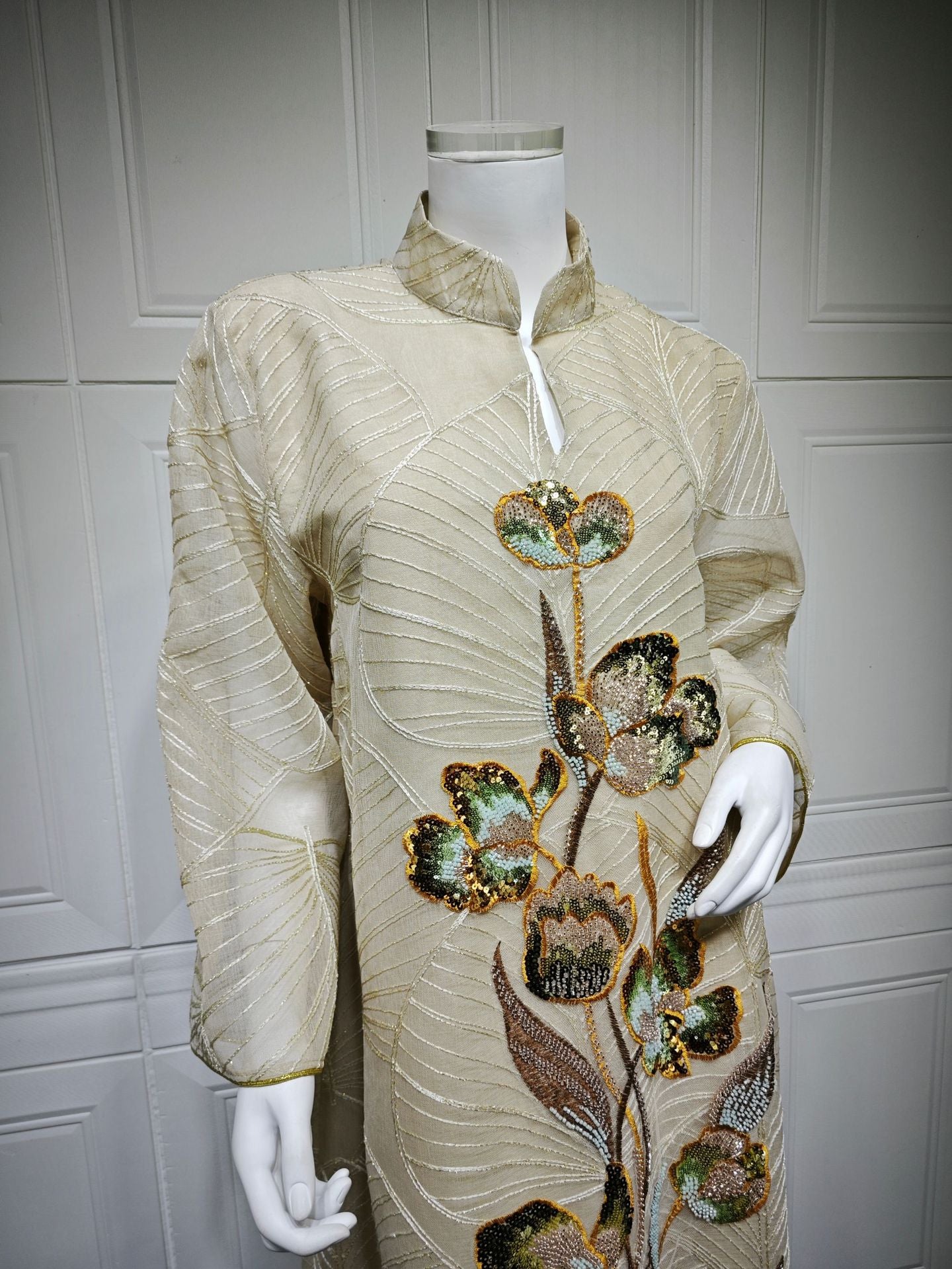 HS6657 Women's Long Robe Dress with Mesh Embroidery