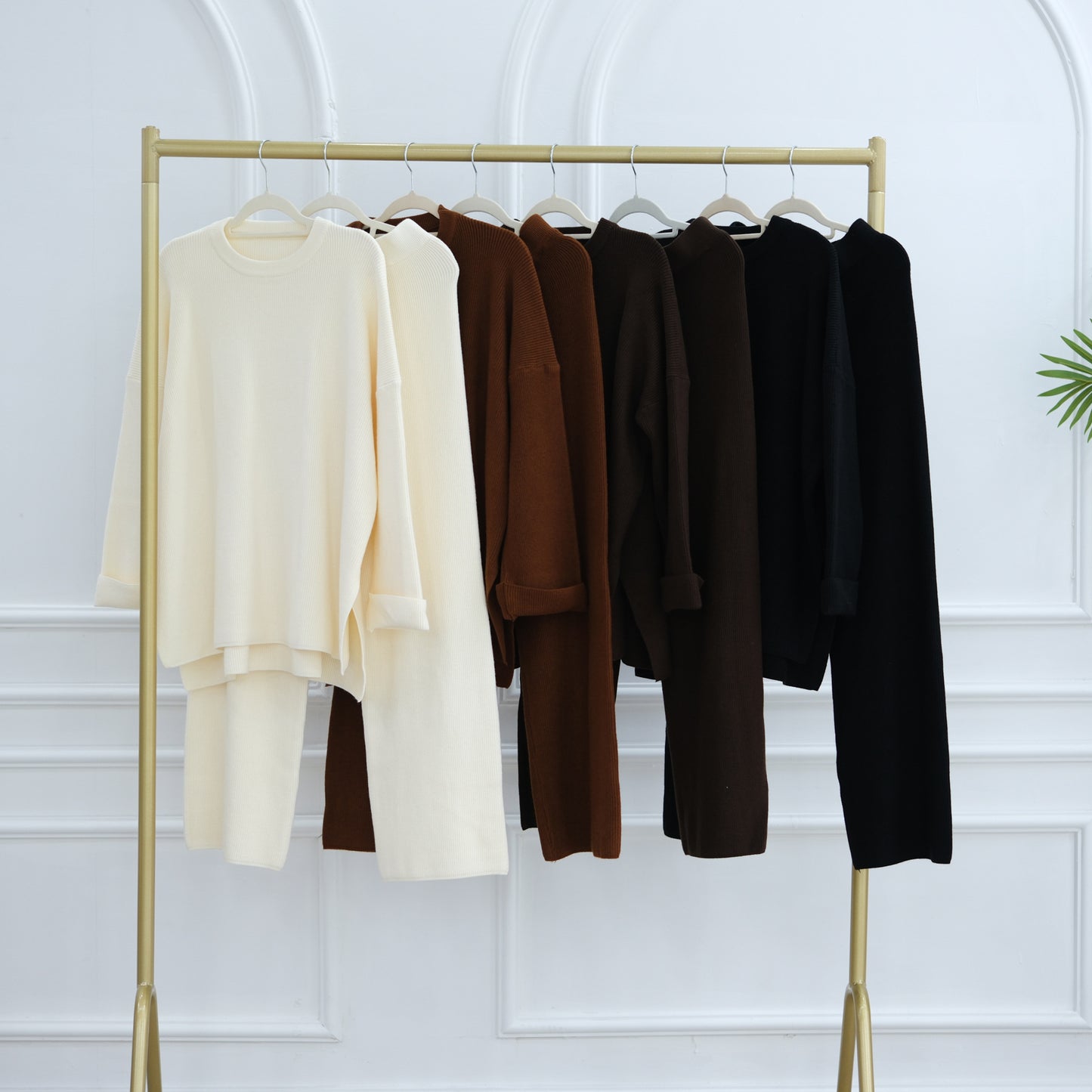 HS6599 Autumn and Winter Thickened Knitted Suit Solid Color Two-piece Suit (excluding Headscarf) Top + Trousers