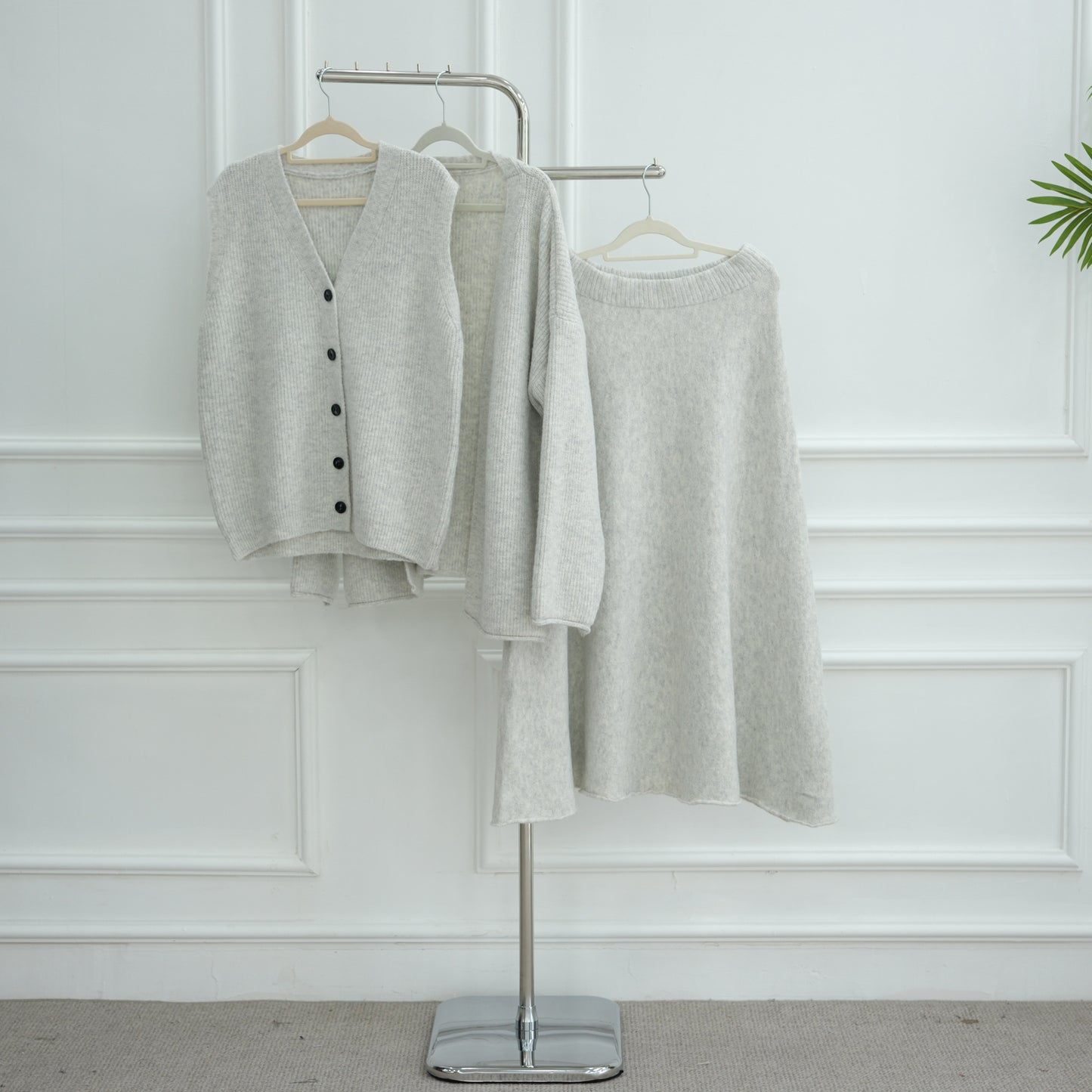 HS6596 Autumn and winter thickened knitted three-piece suit (excluding headscarf) vest + cardigan + skirt