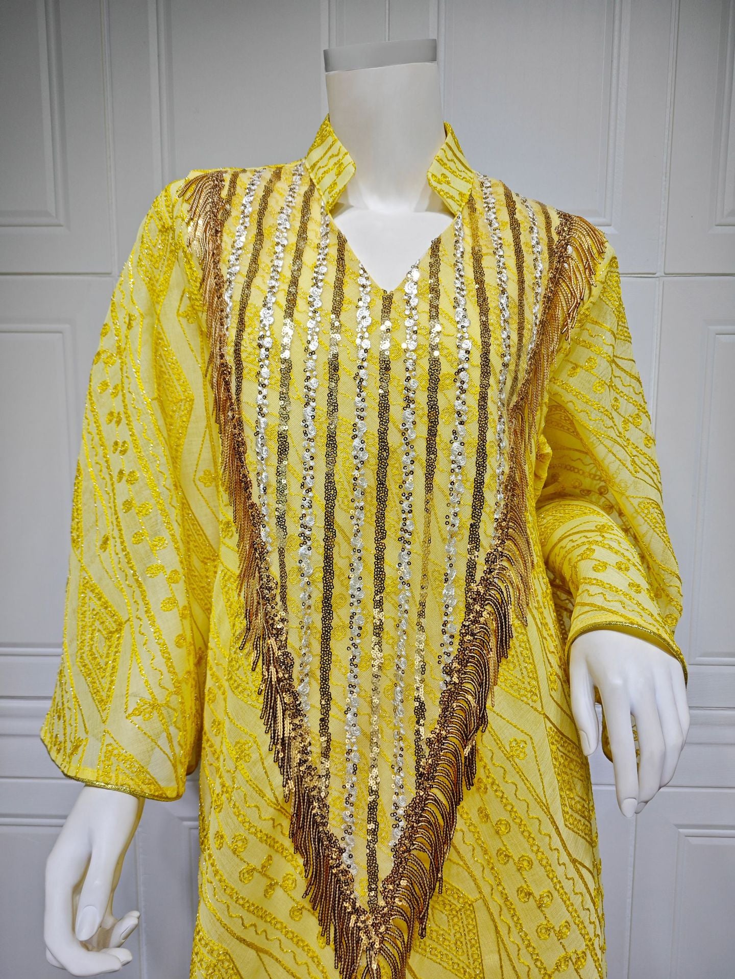 HS6648 A long robe with mesh sequins and embroidered details; an elegant and sophisticated dress.