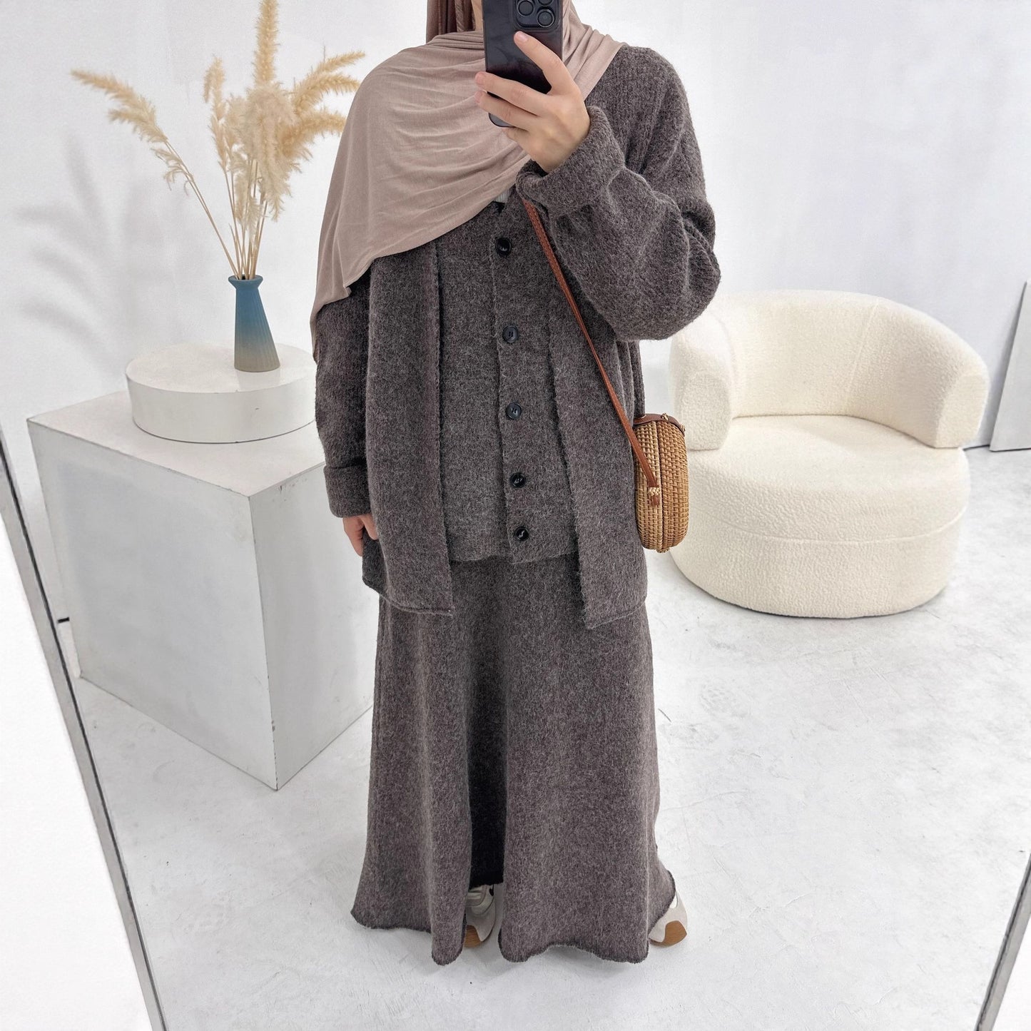 HS6596 Autumn and winter thickened knitted three-piece suit (excluding headscarf) vest + cardigan + skirt