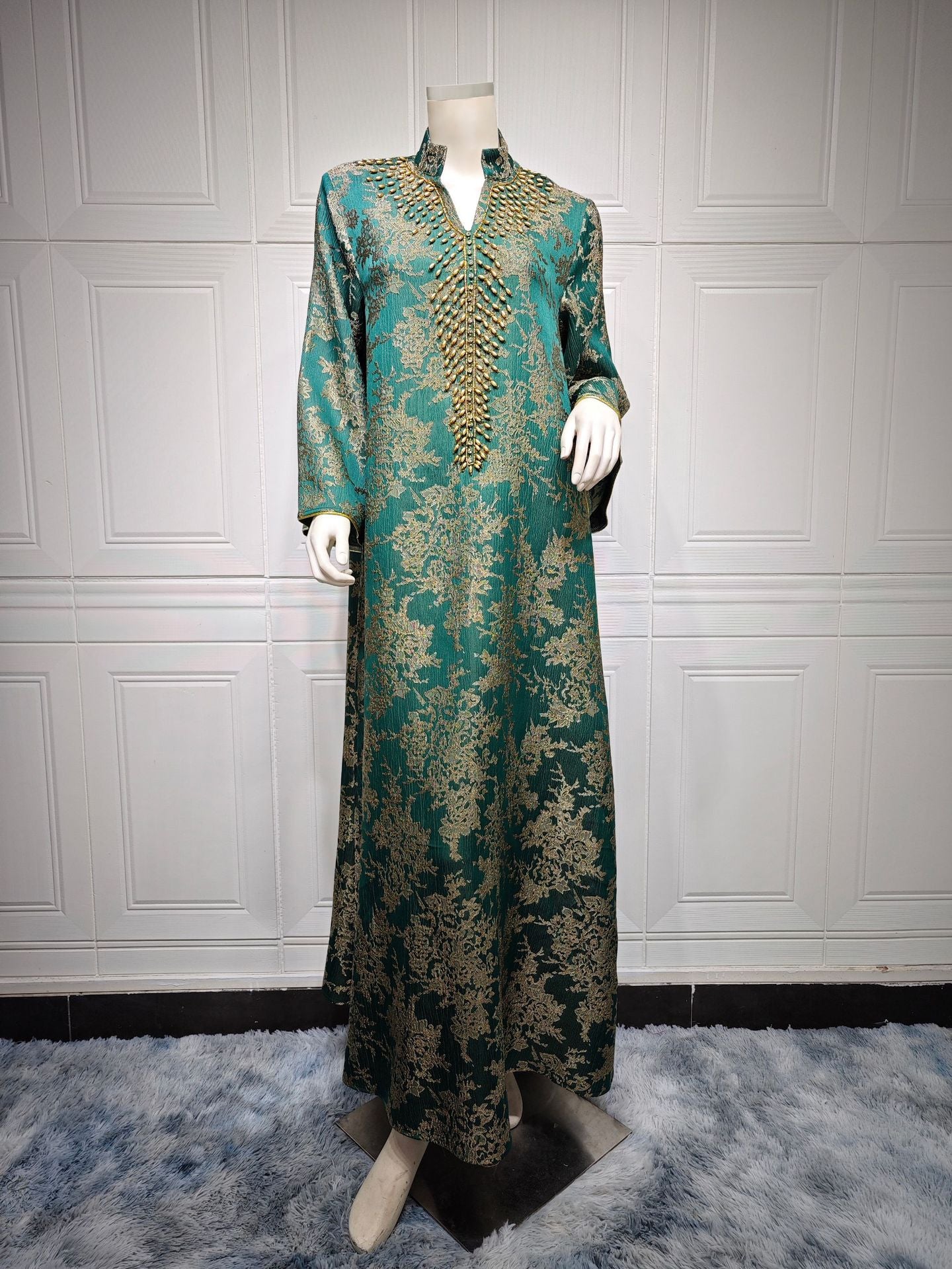 HS6660 Jacquard fabric embroidered beaded robe dress with rich design features