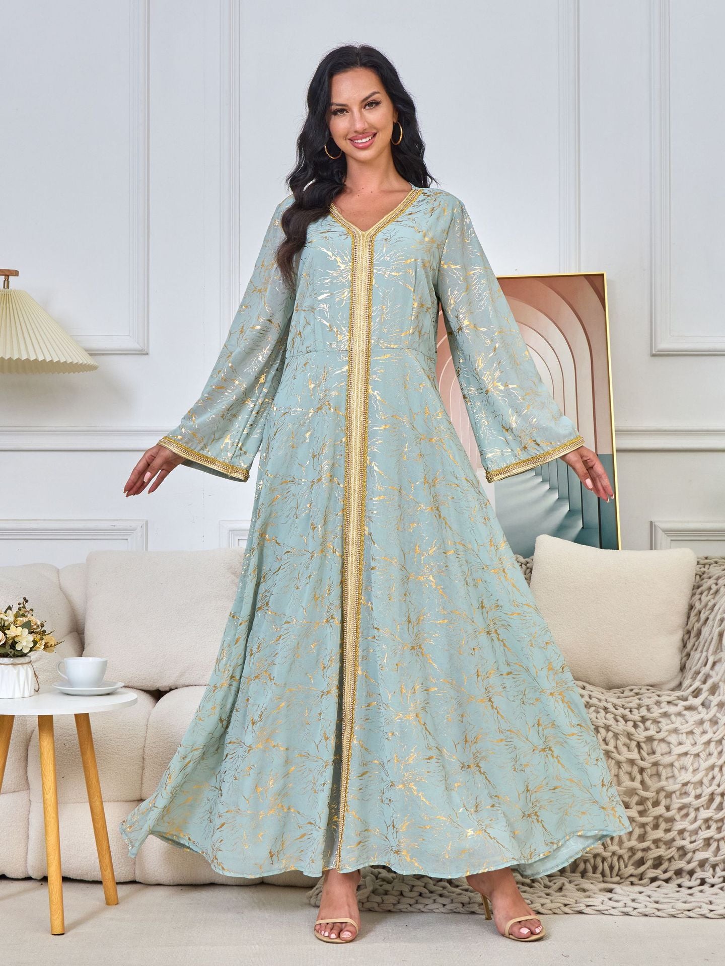 HS6731 V-neck gold-embroidered robe maxi dress hasaseries HS6731 V-neck gold-embroidered robe maxi dress hasaseries