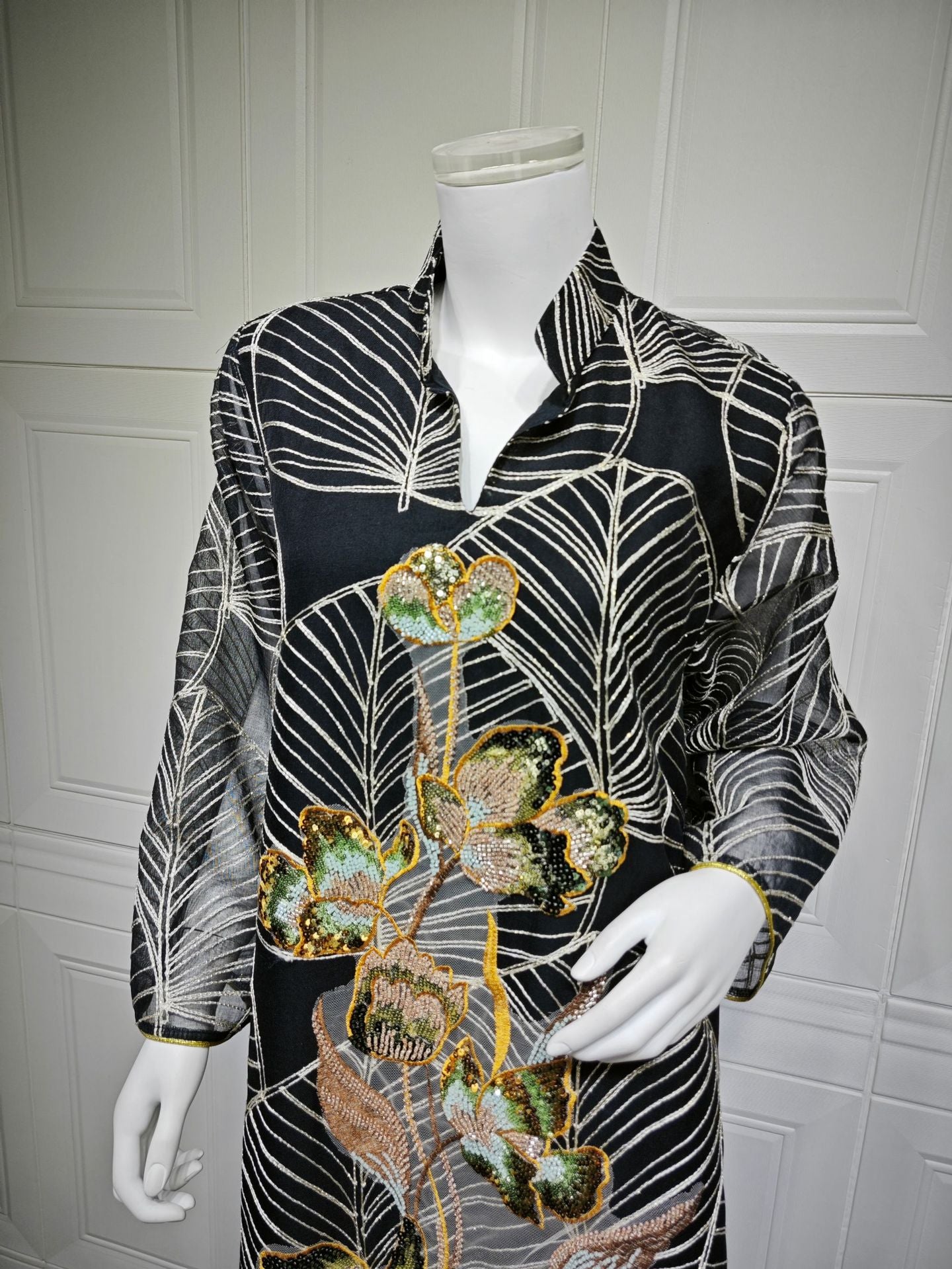 HS6657 Women's Long Robe Dress with Mesh Embroidery