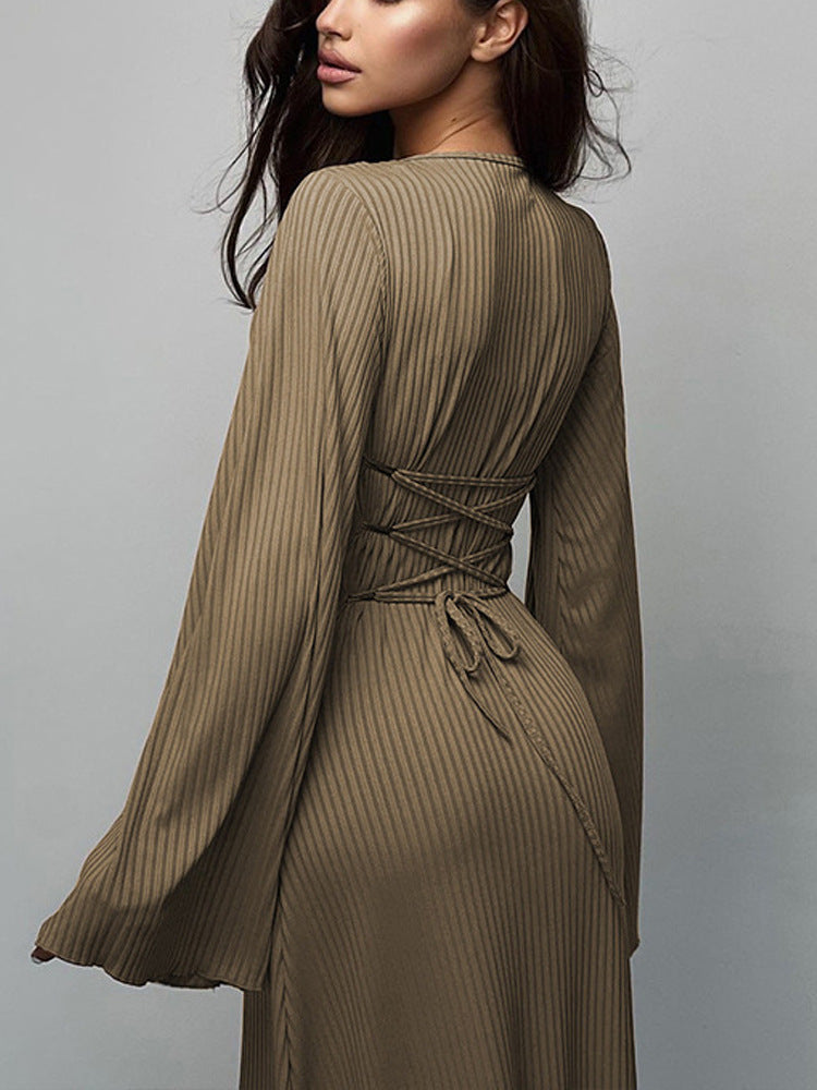 HASASERIES HS0676 Flared Long Sleeved High Waist Maxi Skirt with Lace-up Back
