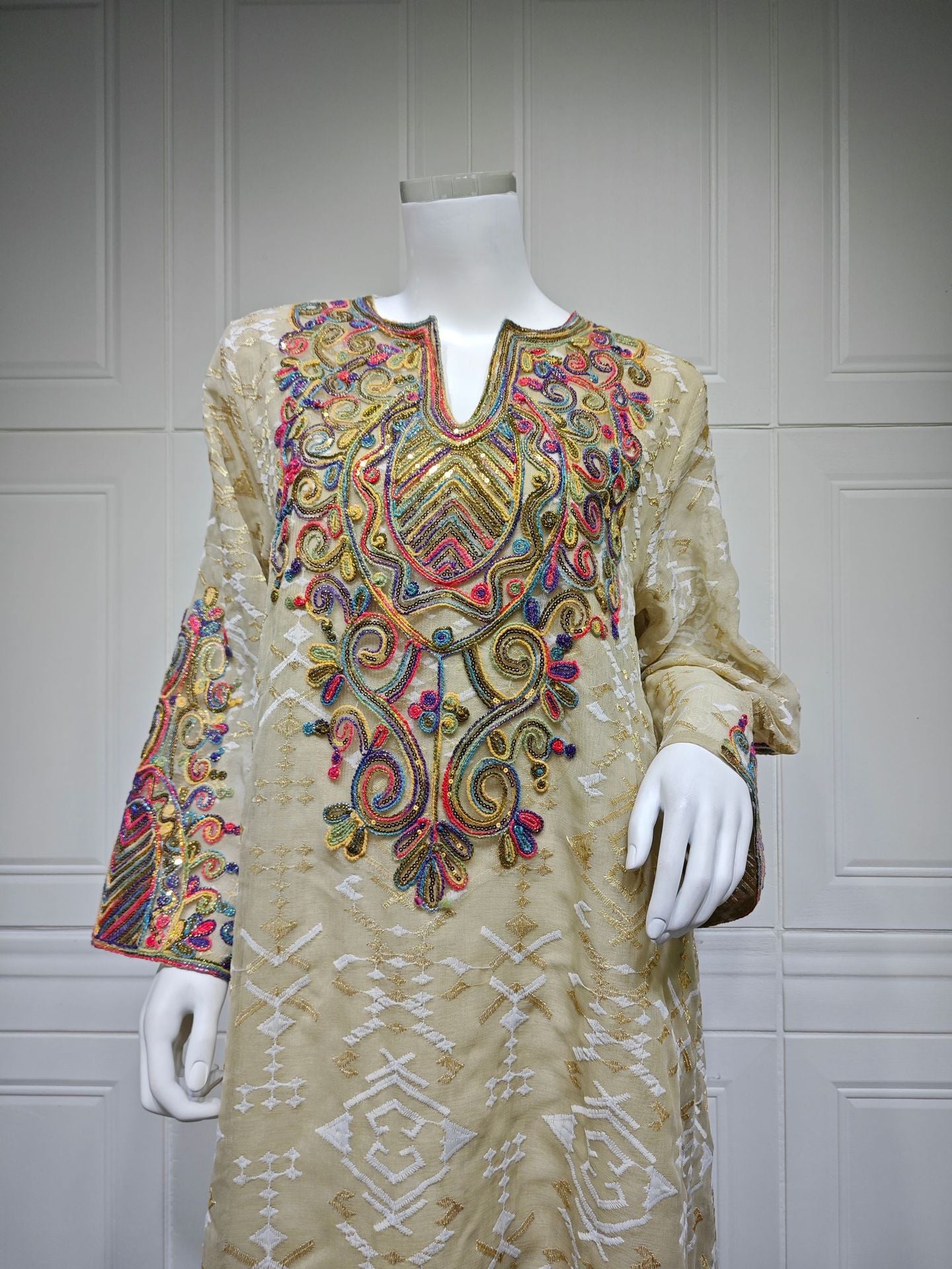 HS6663 Mesh Embroidery Patchwork Long-sleeved Dress, Robe-style Loose Fit