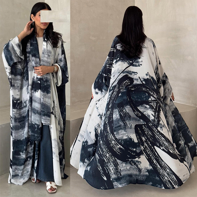 HS6638 Chiffon Printed Cardigan Two-piece Long Coat with Headscarf