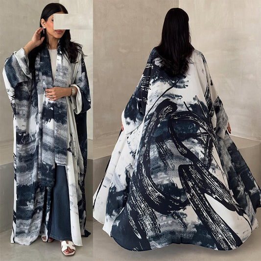 HS6638 Chiffon Printed Cardigan Two-piece Long Coat with Headscarf