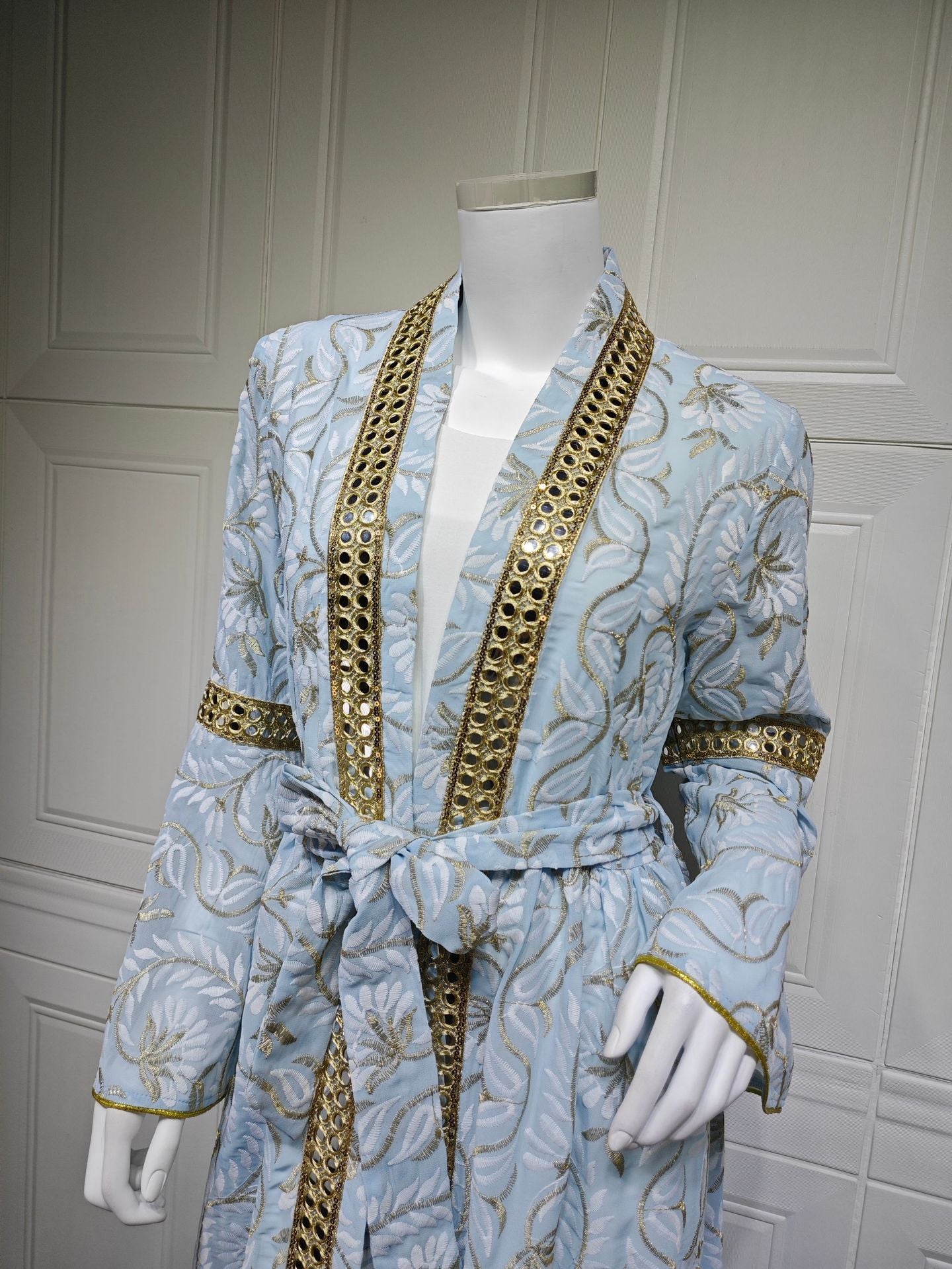 HS6664 Waist-cinching belted long dress set with lightweight printed jacket