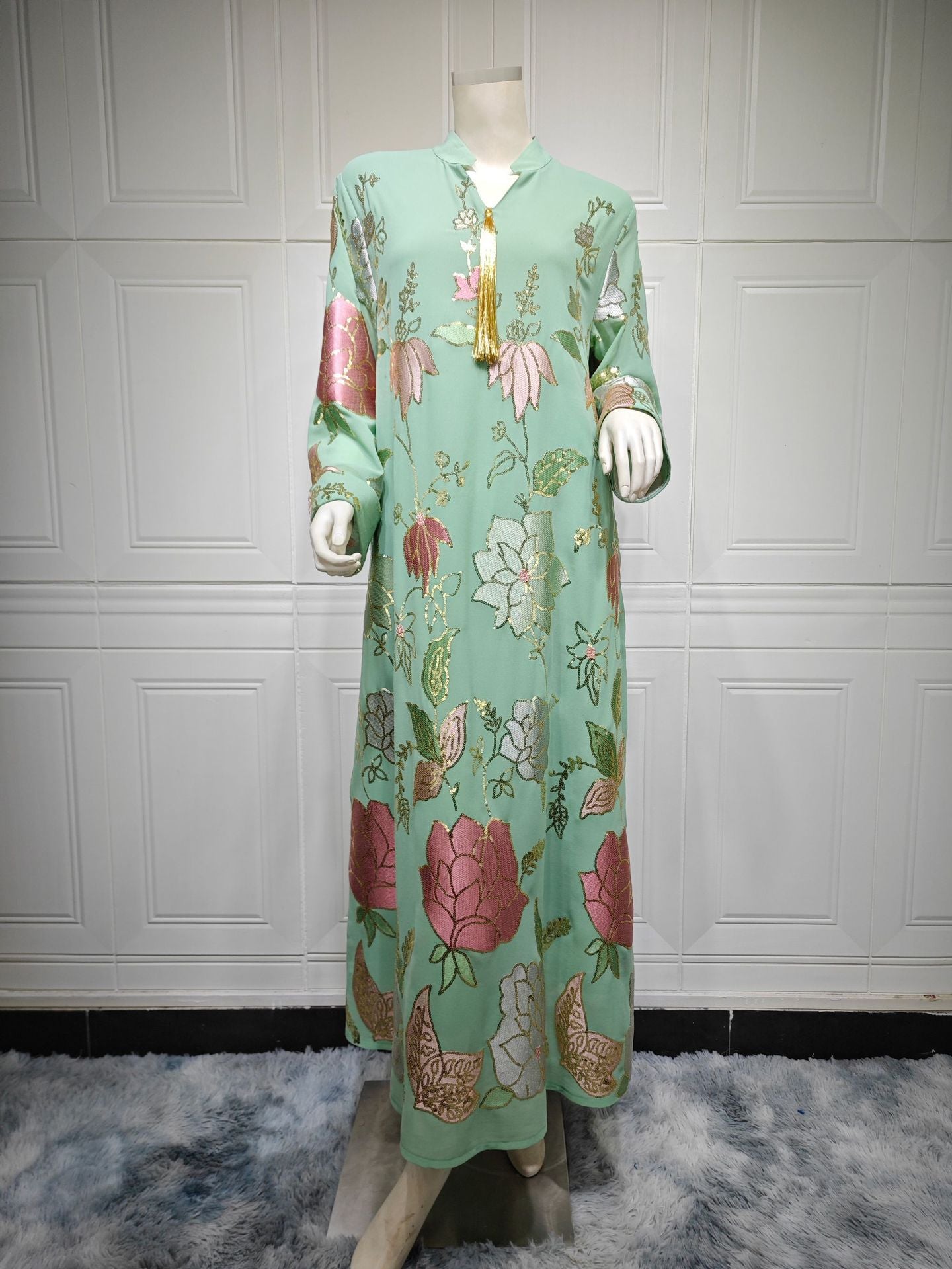 HS6649 Sequined Embroidered Tassel Long Robe, Elegant and Sophisticated Dress