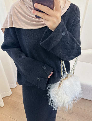 HS6597 Autumn and winter thickened knitted suit solid color two-piece suit (excluding headscarf) top + skirt