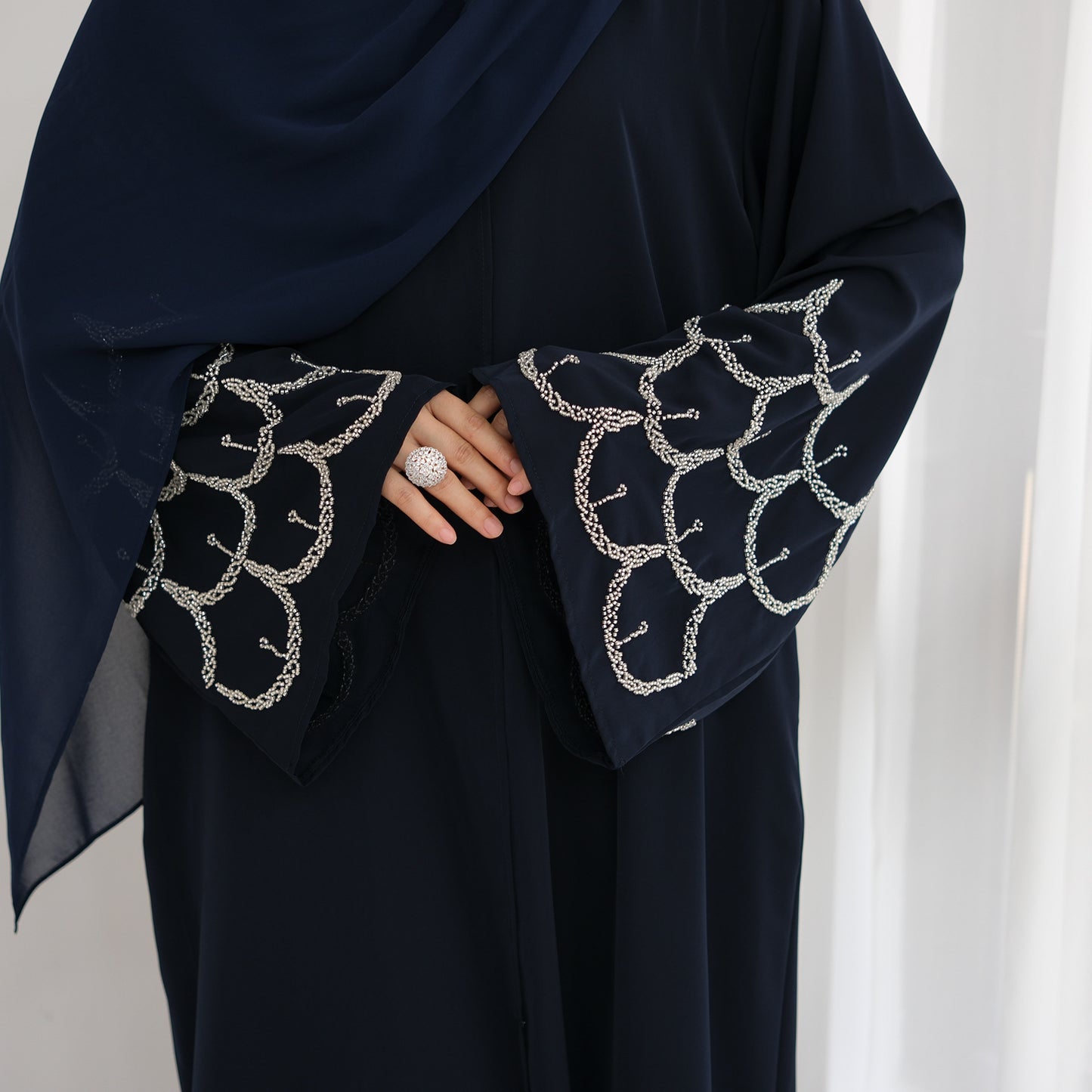 HS6608 Solid Color Hand-beaded Long Cardigan (headscarf Not Included)