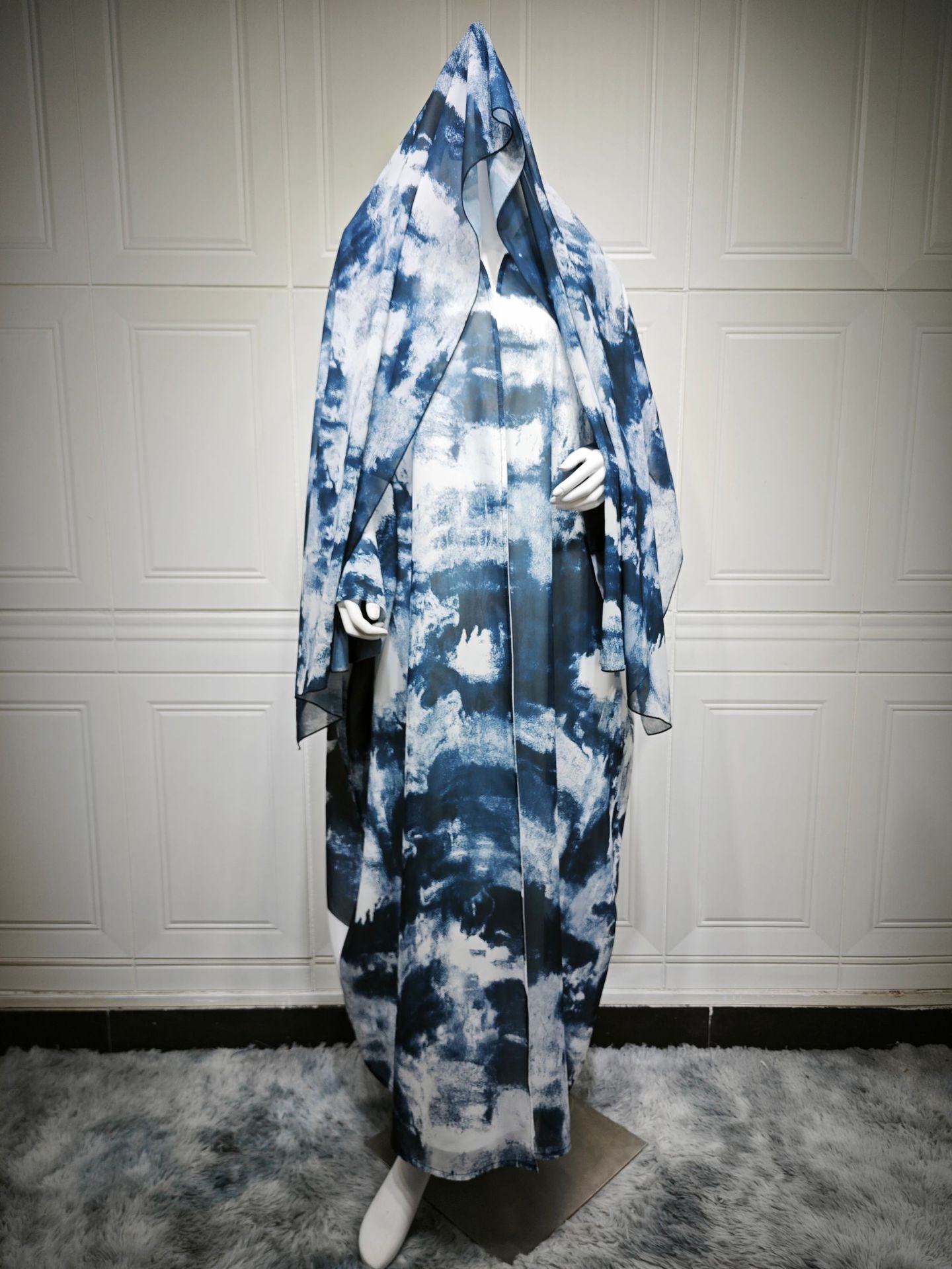 HS6638 Chiffon Printed Cardigan Two-piece Long Coat with Headscarf