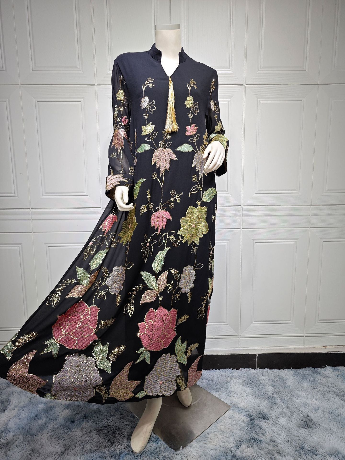 HS6649 Sequined Embroidered Tassel Long Robe, Elegant and Sophisticated Dress