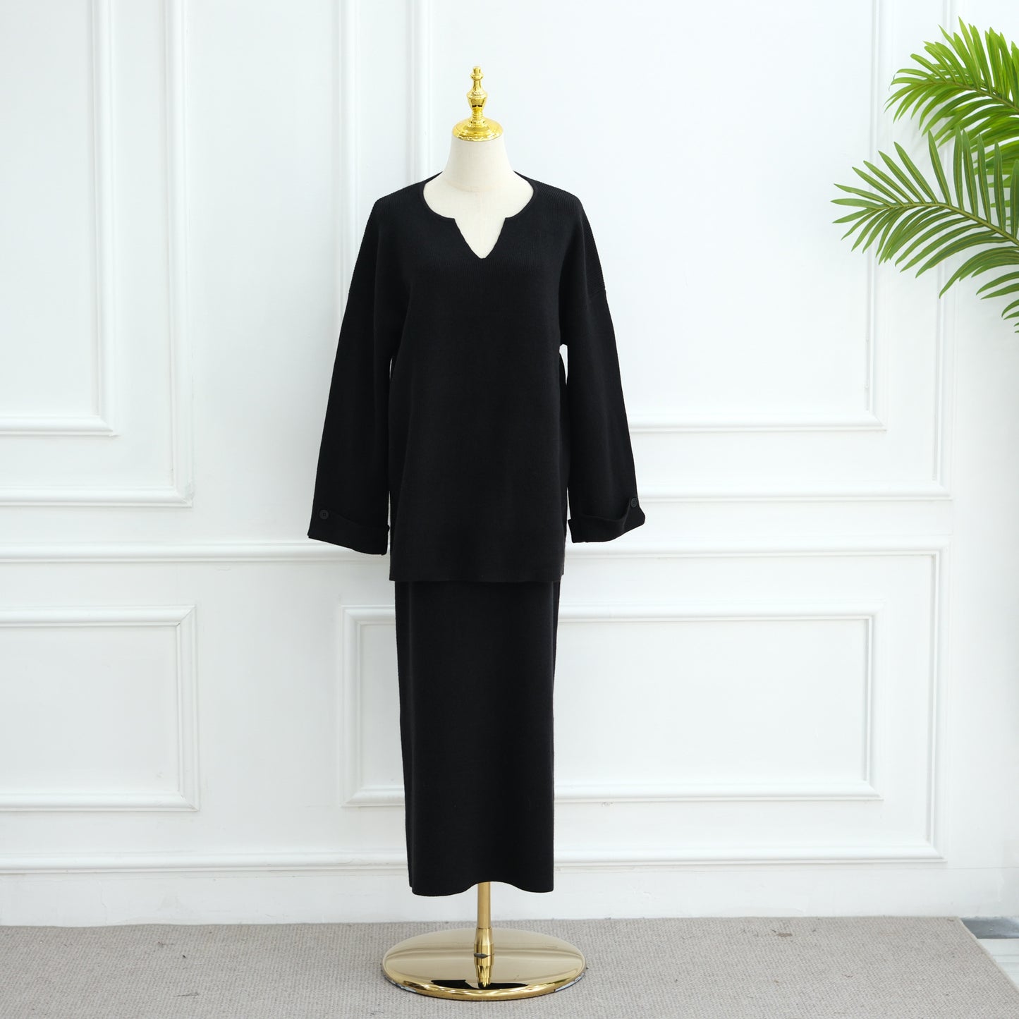 HS6597 Autumn and winter thickened knitted suit solid color two-piece suit (excluding headscarf) top + skirt