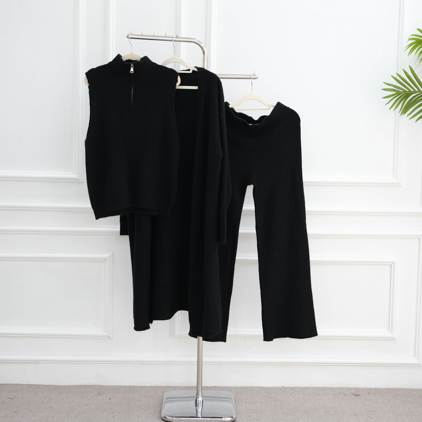 HS6603 Thickened knitted three-piece long coat set (with optional headscarf)