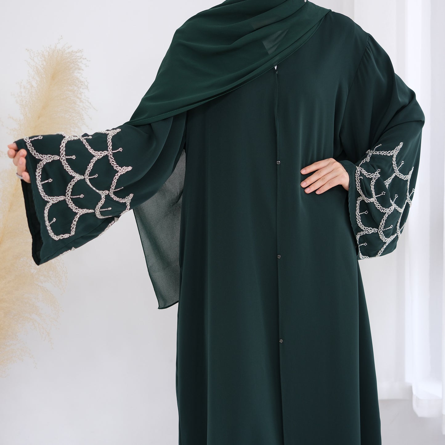 HS6608 Solid Color Hand-beaded Long Cardigan (headscarf Not Included)