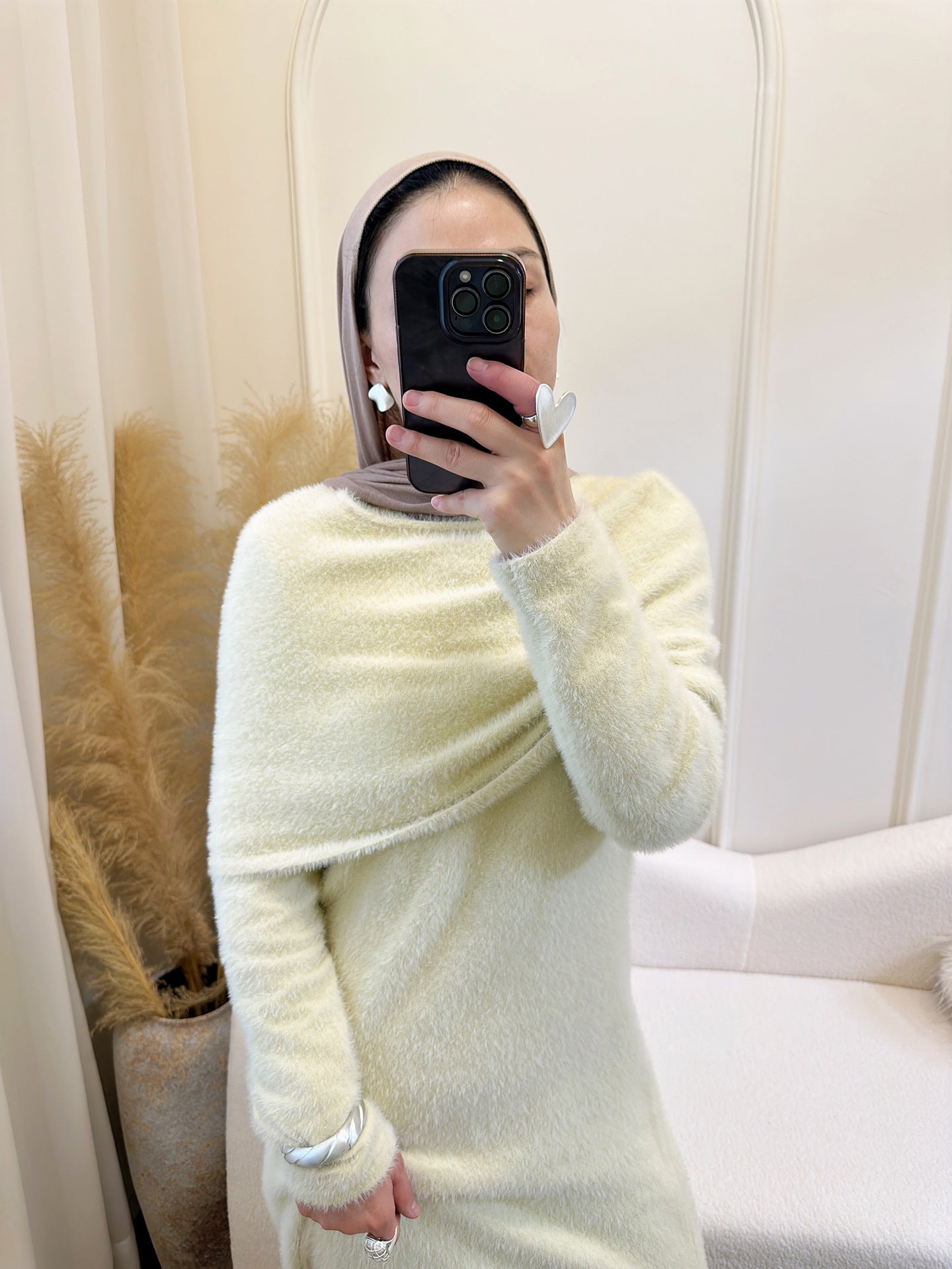 HS6604  Slim-fit Knit Sweater Two-piece Set with Shawl Design (headscarf Optional)