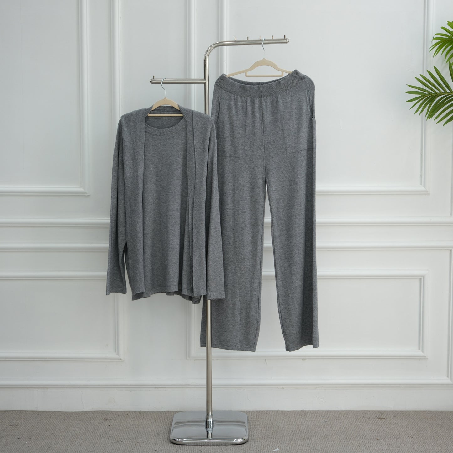 HS6593 Soft knitted home set | Simple solid color two-piece set