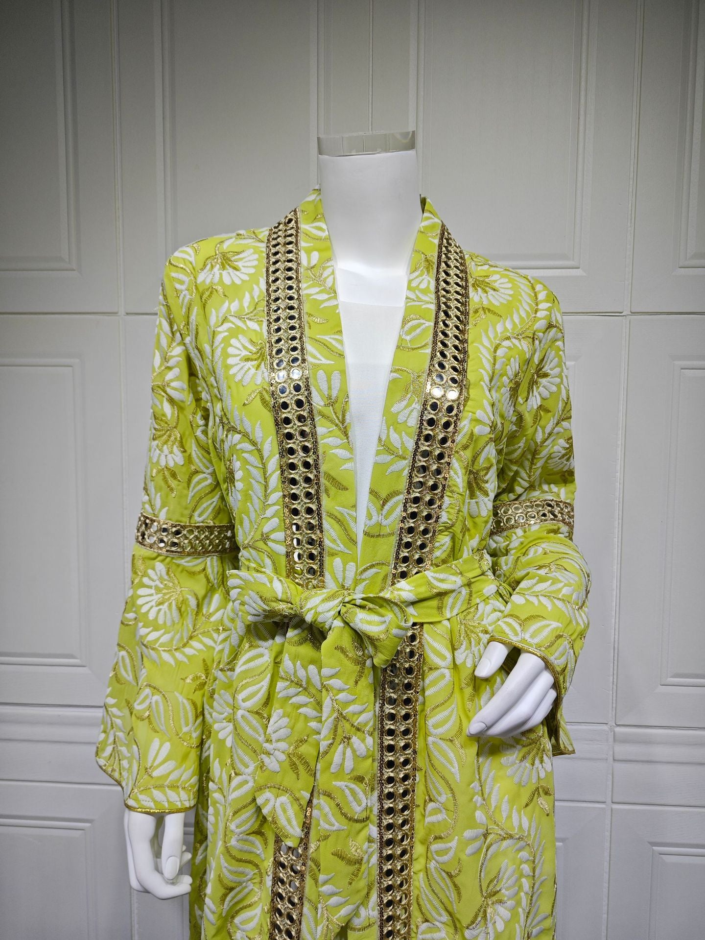 HS6664 Waist-cinching belted long dress set with lightweight printed jacket