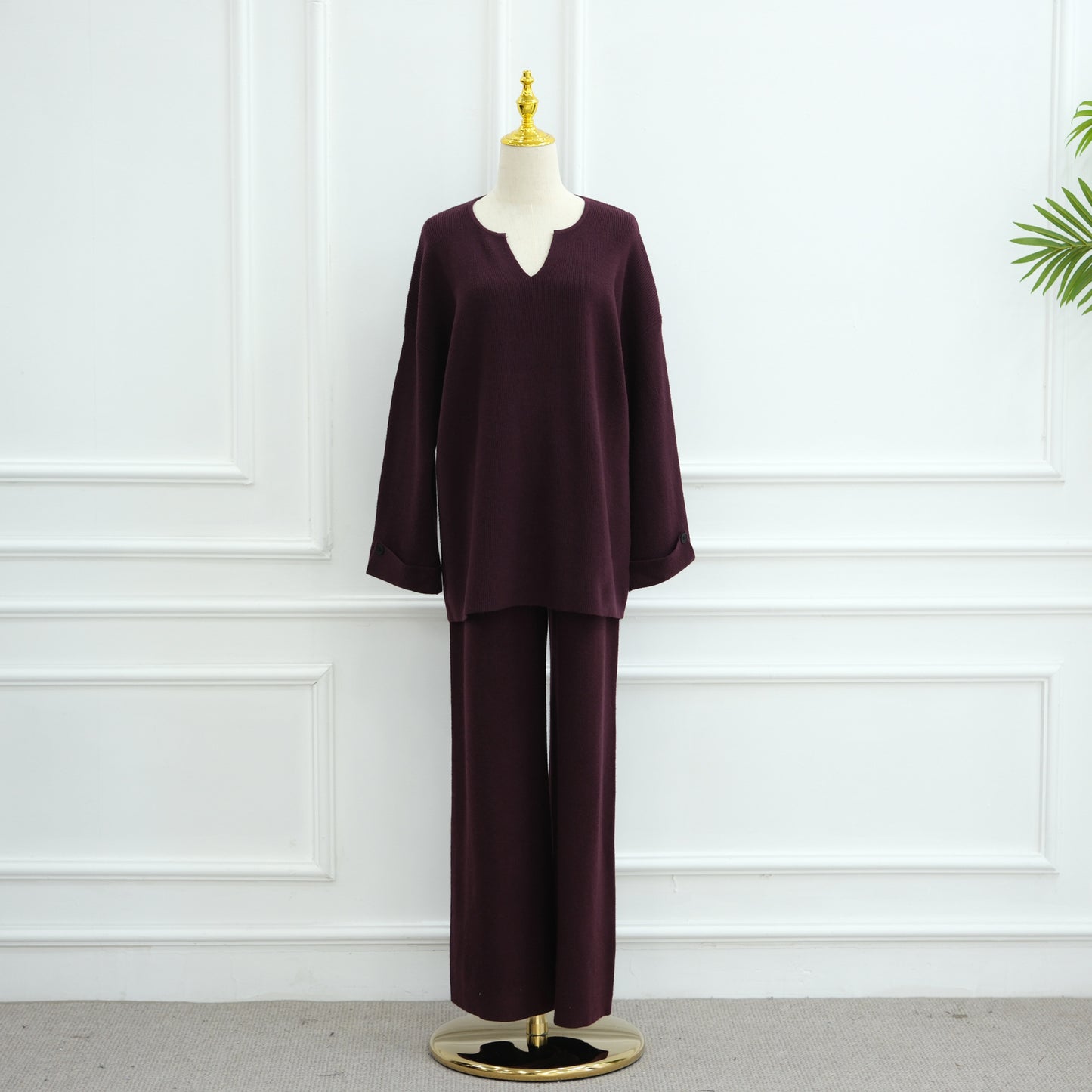HS6600 Autumn and winter thickened knitted suit solid color two-piece suit (headscarf not included) cuff button design
