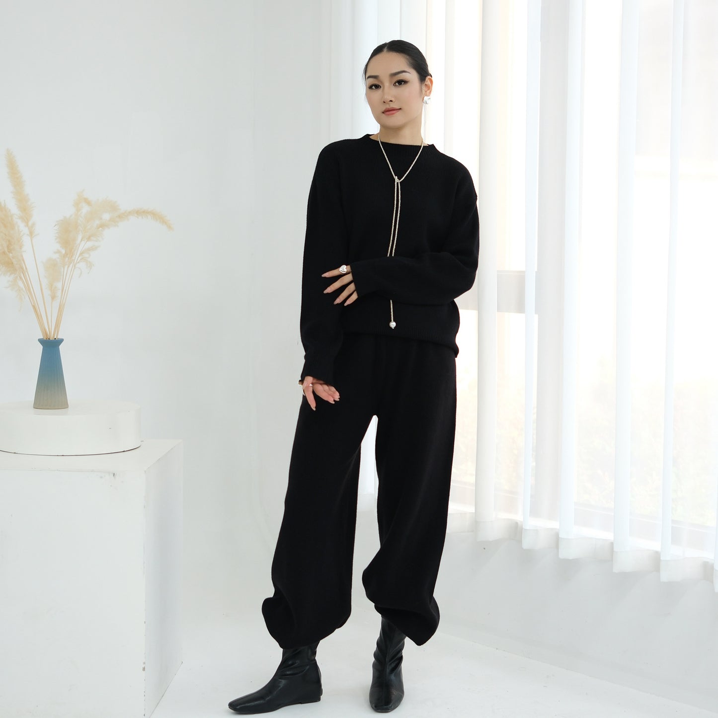 HS6595 Autumn and Winter Thickened Knitted Suit (Not Including Headscarf) | Simple Solid Color Two-Piece Suit