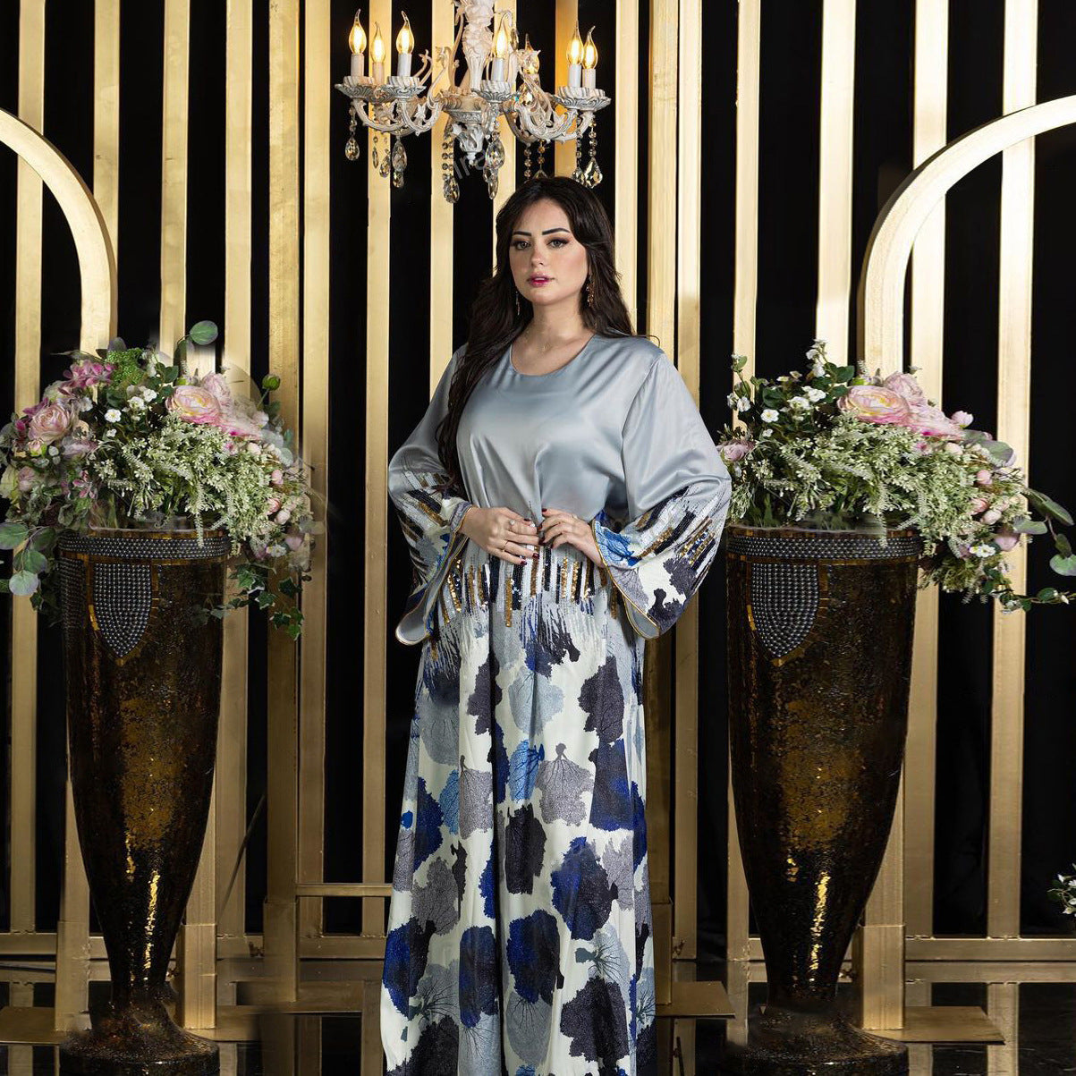 HS6665 Sequined, loose-fitting long dress with print and sequin design.