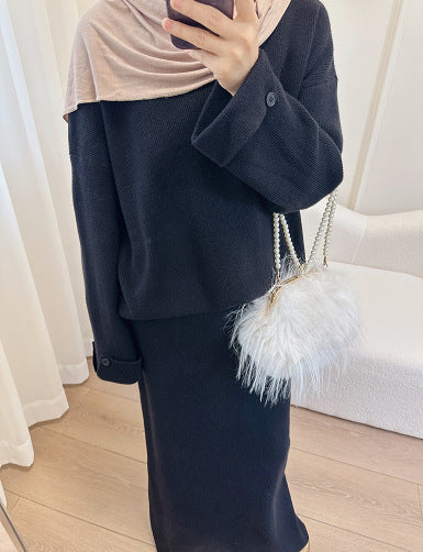 HS6597 Autumn and winter thickened knitted suit solid color two-piece suit (excluding headscarf) top + skirt