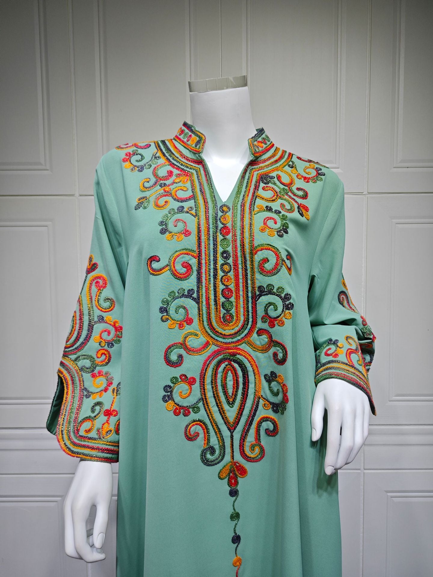 HS6652 Rope embroidery midi dress with elegant stand-up collar design