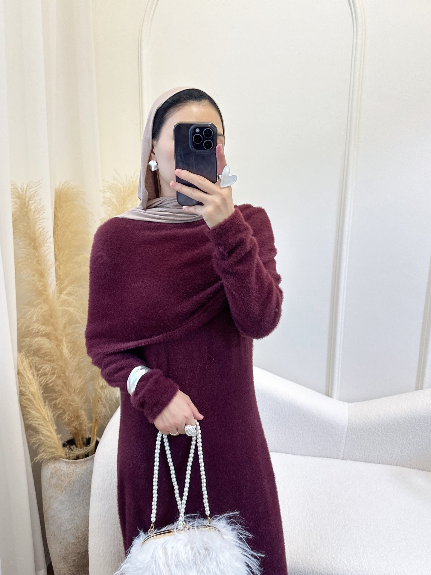 HS6604  Slim-fit Knit Sweater Two-piece Set with Shawl Design (headscarf Optional)