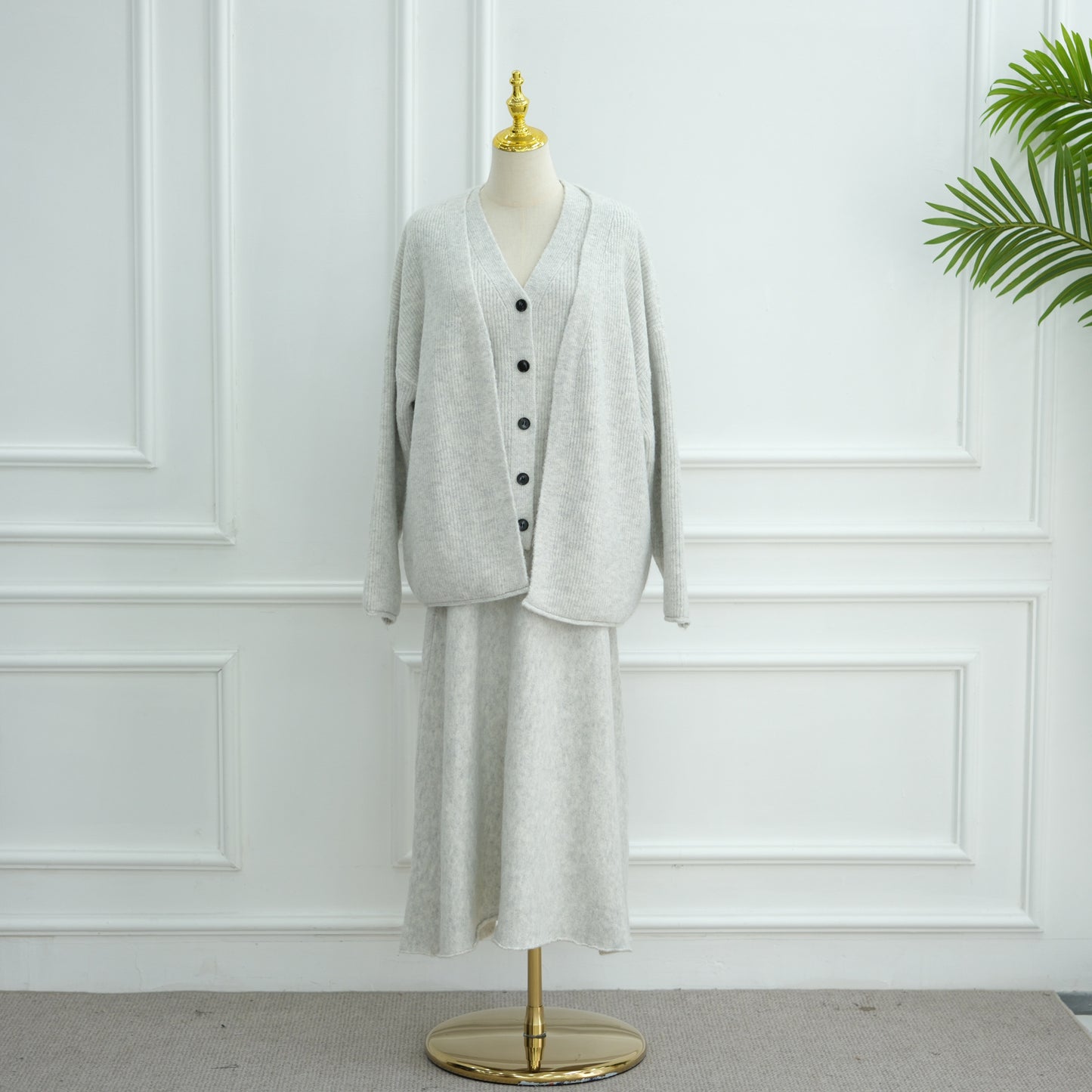 HS6596 Autumn and winter thickened knitted three-piece suit (excluding headscarf) vest + cardigan + skirt