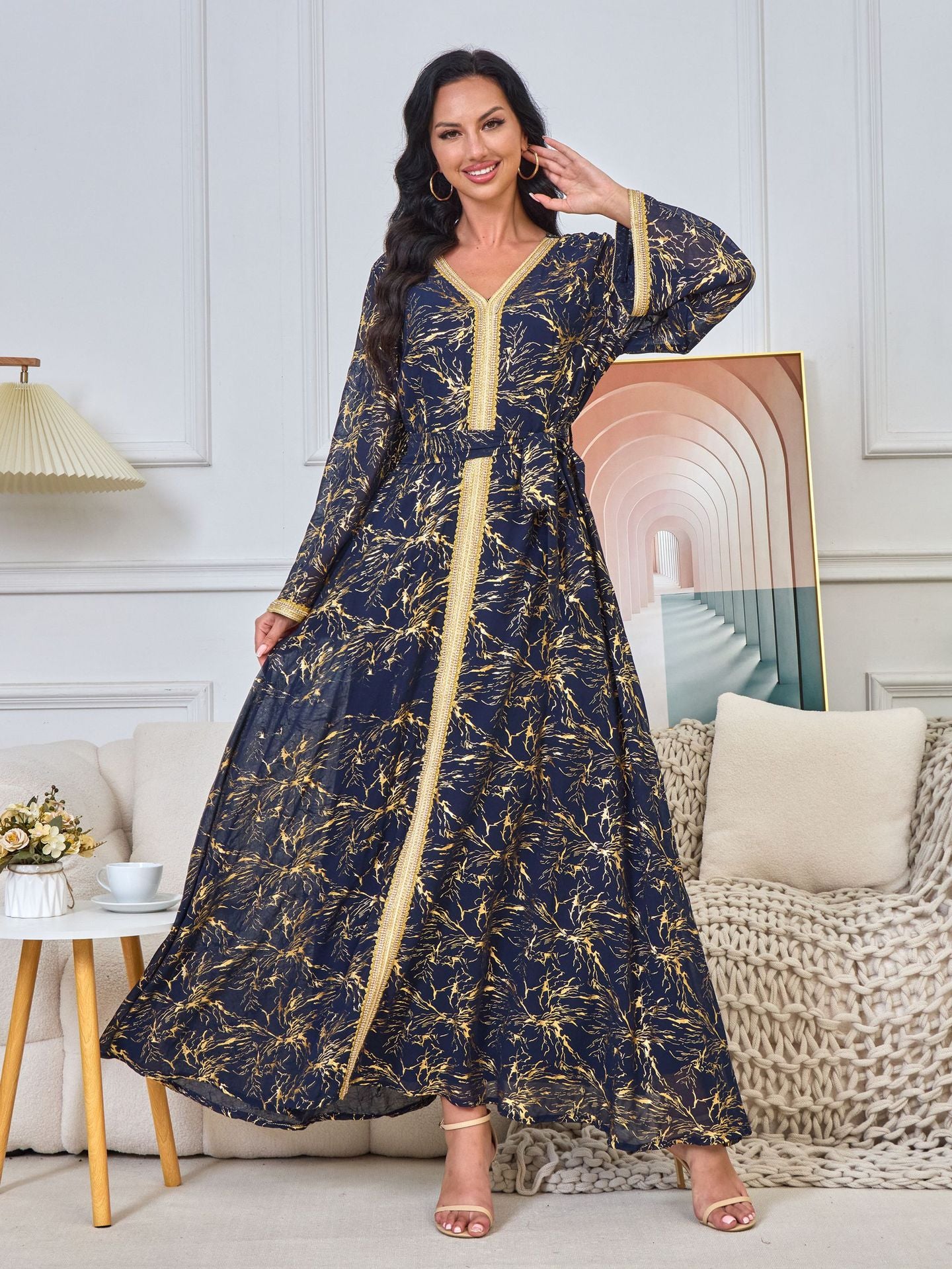 HS6731 V-neck gold-embroidered robe maxi dress hasaseries HS6731 V-neck gold-embroidered robe maxi dress hasaseries