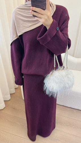 HS6597 Autumn and winter thickened knitted suit solid color two-piece suit (excluding headscarf) top + skirt