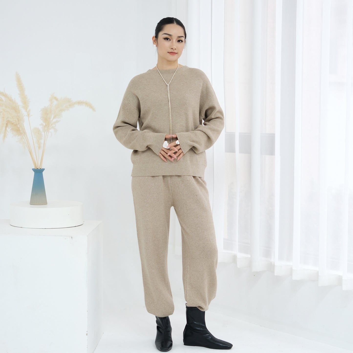 HS6595 Autumn and Winter Thickened Knitted Suit (Not Including Headscarf) | Simple Solid Color Two-Piece Suit