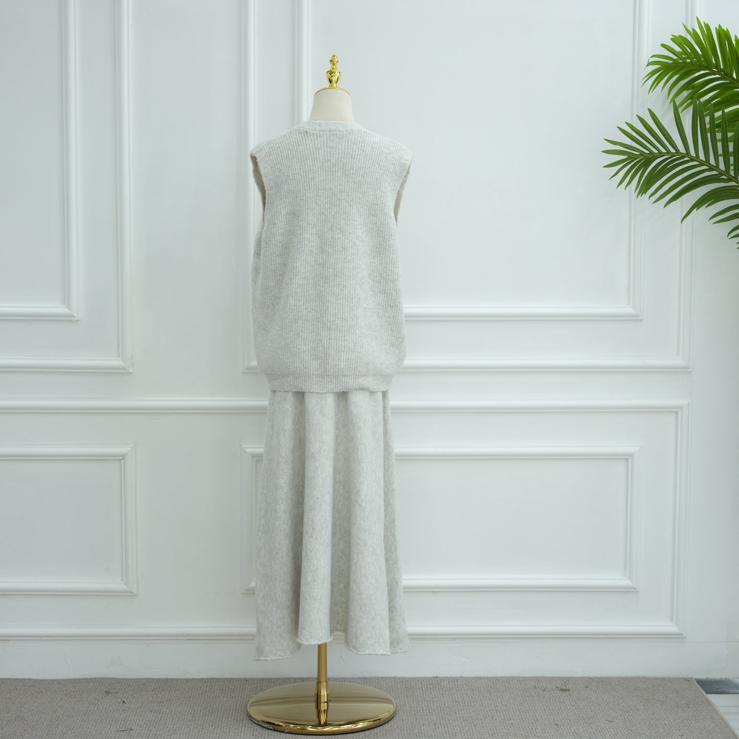 HS6596 Autumn and winter thickened knitted three-piece suit (excluding headscarf) vest + cardigan + skirt