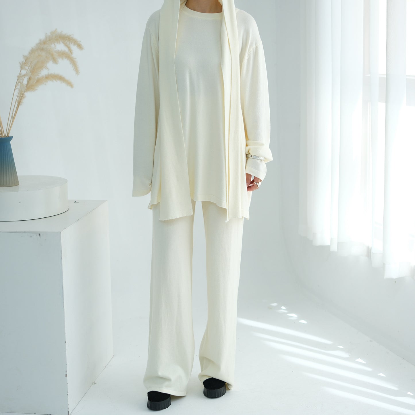 HS6593 Soft knitted home set | Simple solid color two-piece set