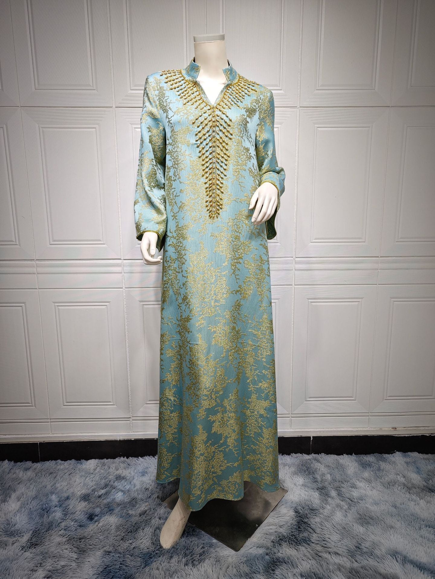 HS6660 Jacquard fabric embroidered beaded robe dress with rich design features
