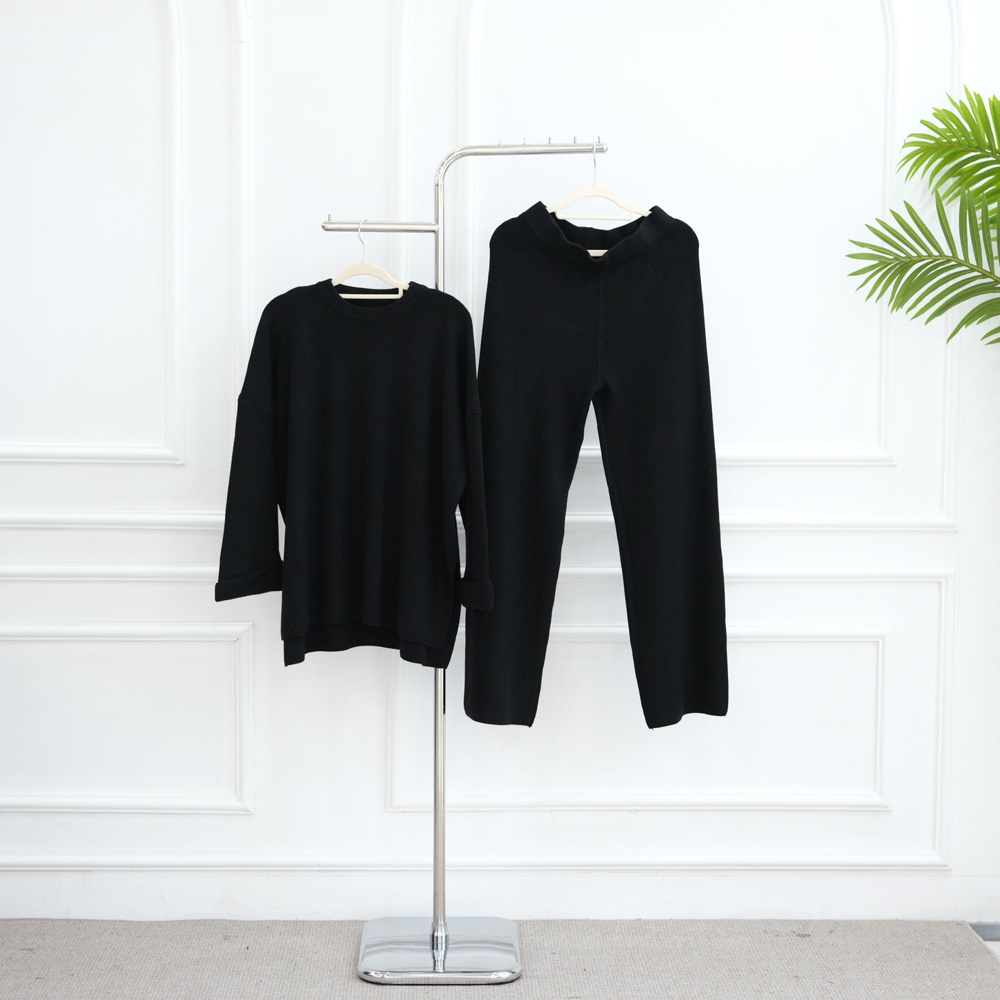 HS6599 Autumn and Winter Thickened Knitted Suit Solid Color Two-piece Suit (excluding Headscarf) Top + Trousers