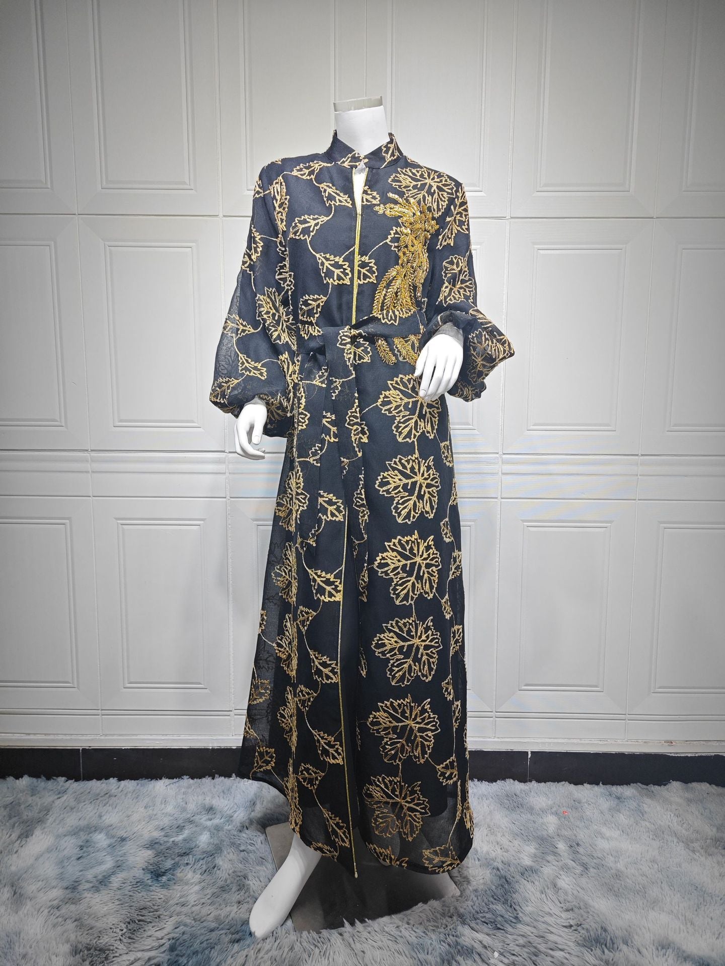 HS6651  Floral Print Long Dress, Elegant Stand-up Collar Evening Gown