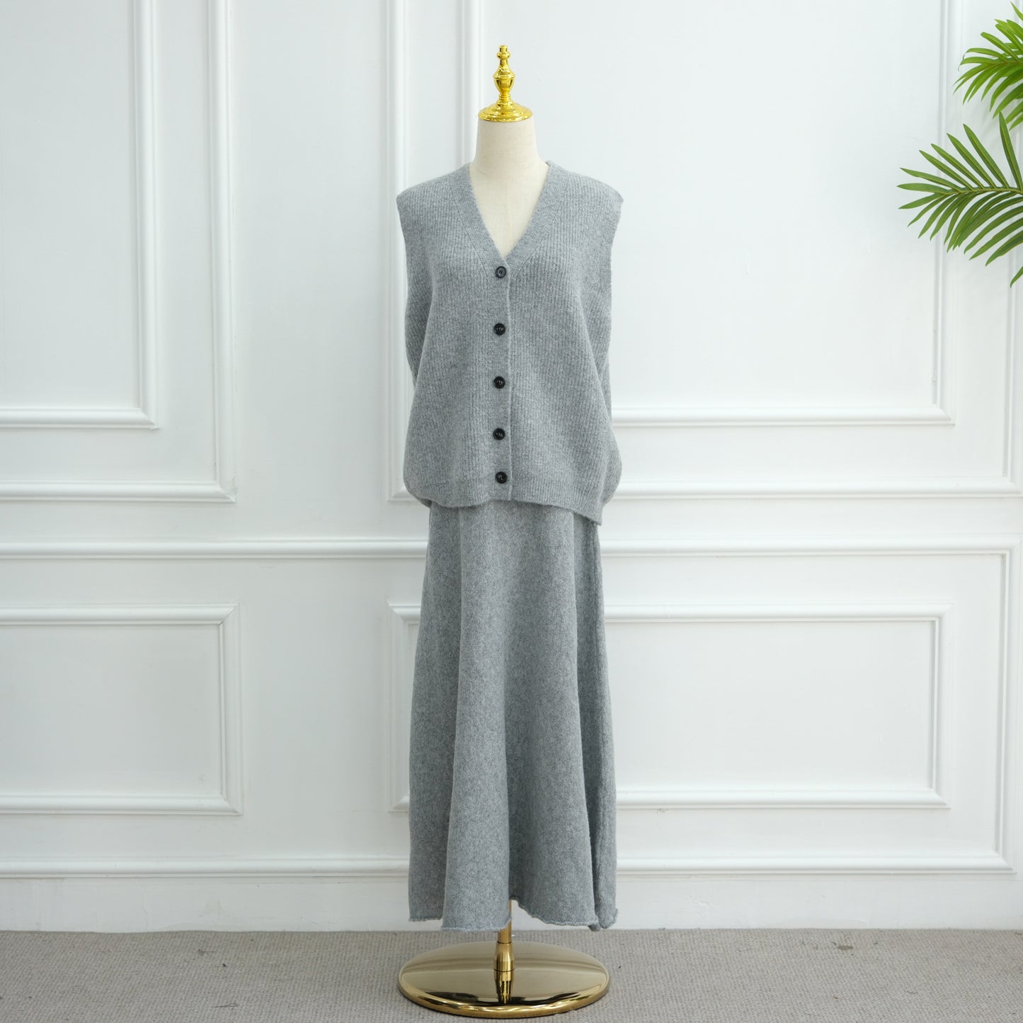 HS6596 Autumn and winter thickened knitted three-piece suit (excluding headscarf) vest + cardigan + skirt