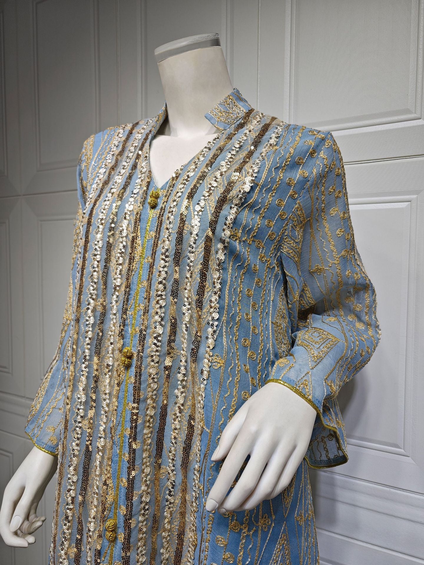 HS6662 Mesh embroidery sequin patchwork long-sleeved dress, loose robe style