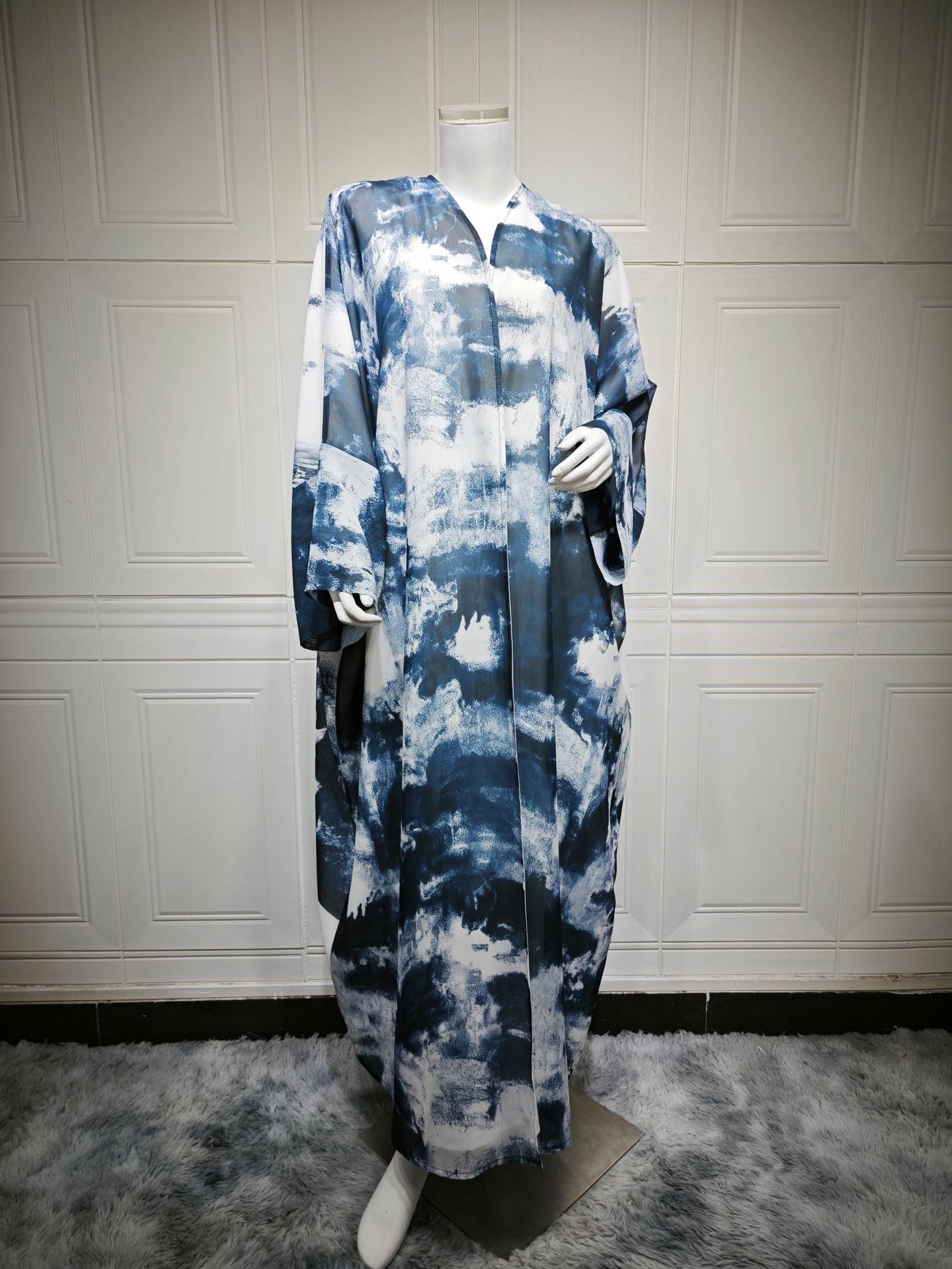 HS6638 Chiffon Printed Cardigan Two-piece Long Coat with Headscarf