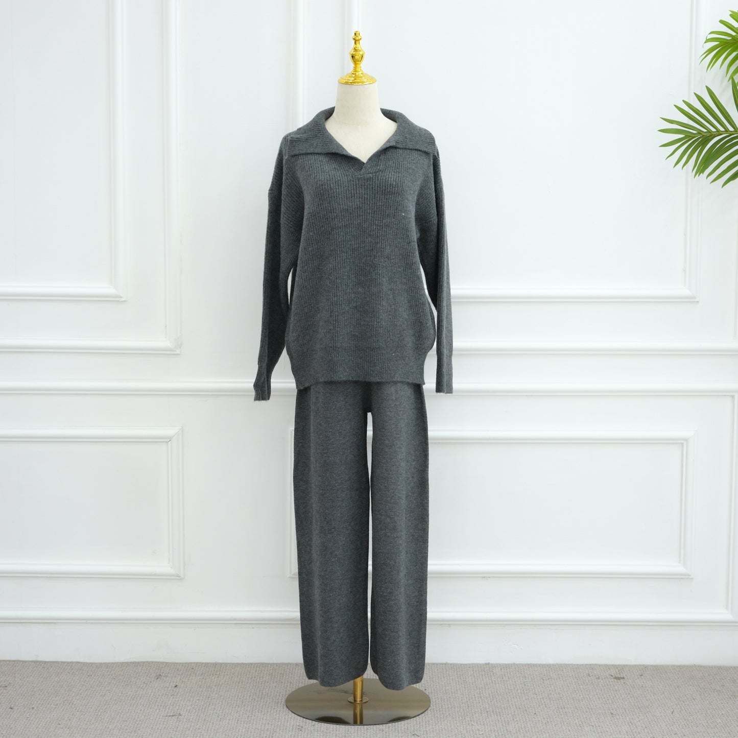 HS6594 Autumn and Winter Thickened Knitted Suit | Simple Solid Color Two-piece Suit