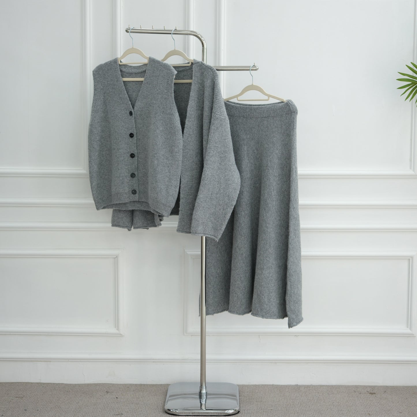 HS6596 Autumn and winter thickened knitted three-piece suit (excluding headscarf) vest + cardigan + skirt