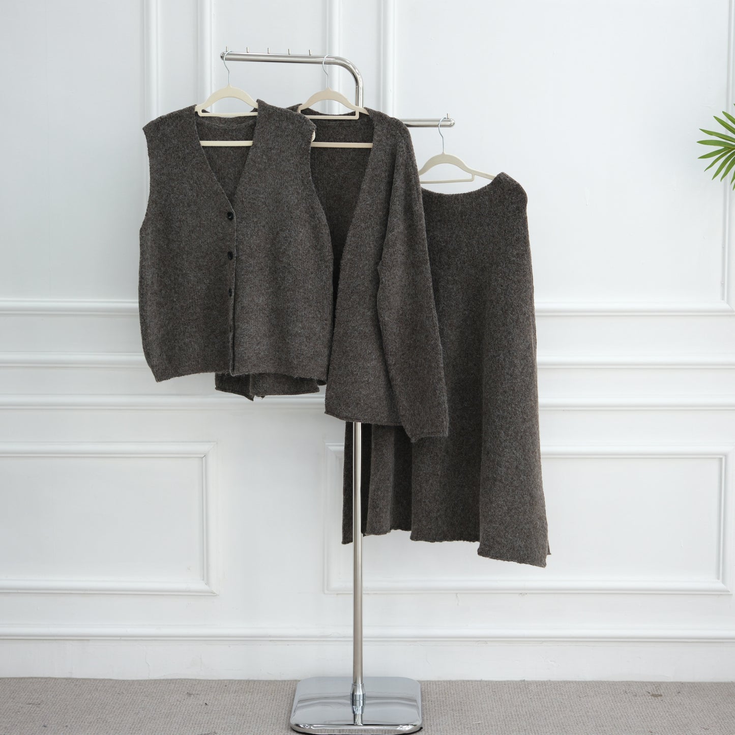HS6596 Autumn and winter thickened knitted three-piece suit (excluding headscarf) vest + cardigan + skirt