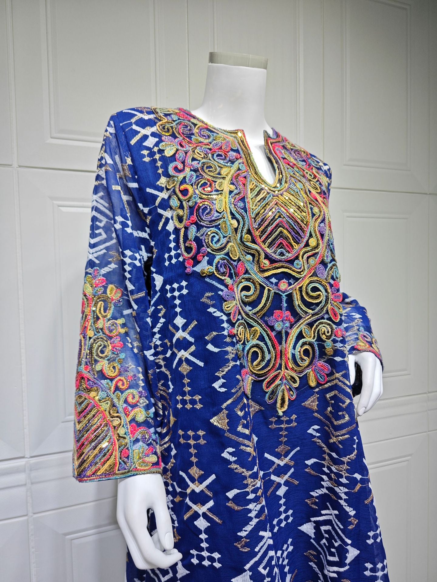 HS6663 Mesh Embroidery Patchwork Long-sleeved Dress, Robe-style Loose Fit